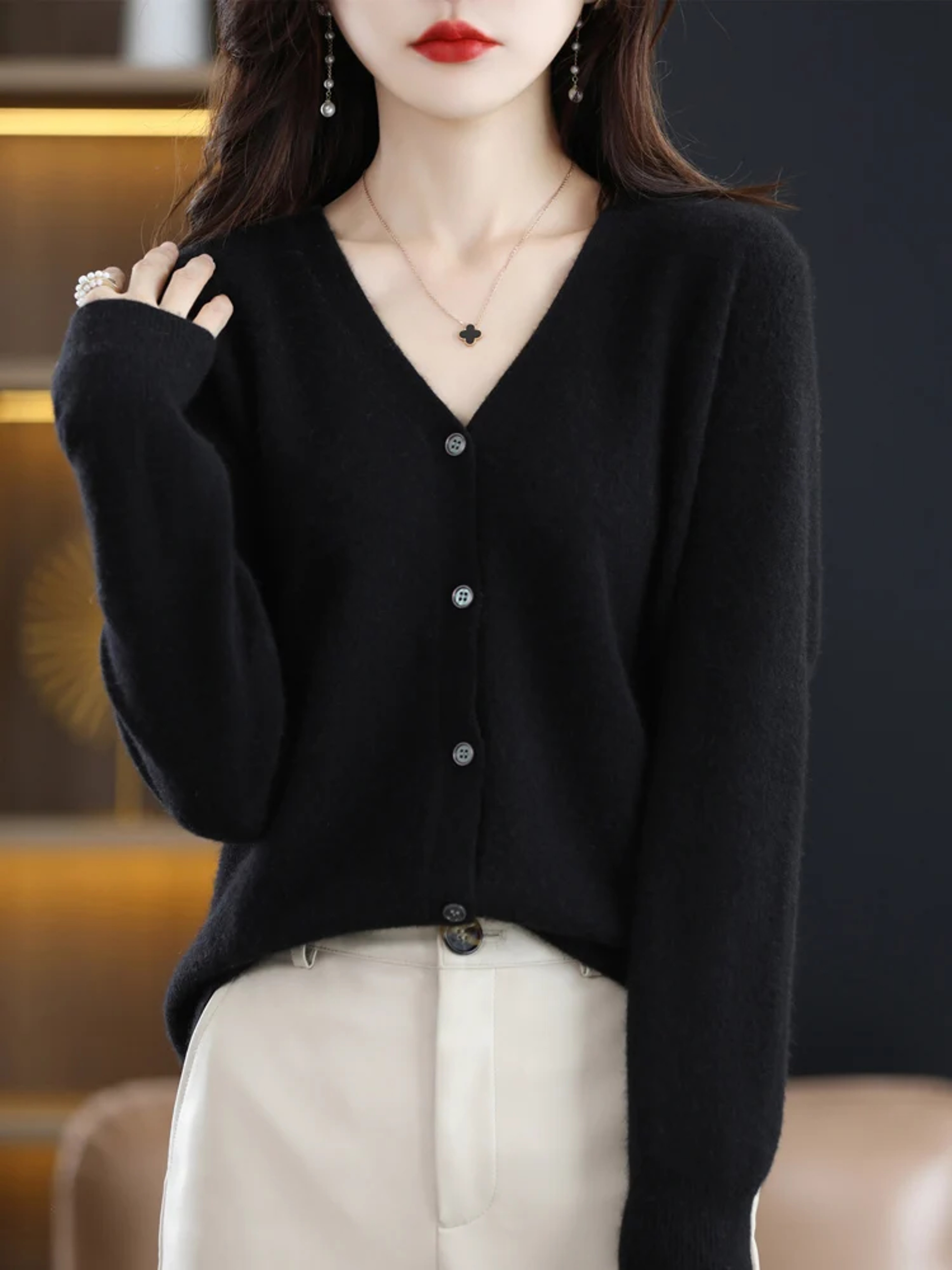Women's V-Neck Knit Cardigan Sweater with Long Sleeves and Stretch Fit – view 10