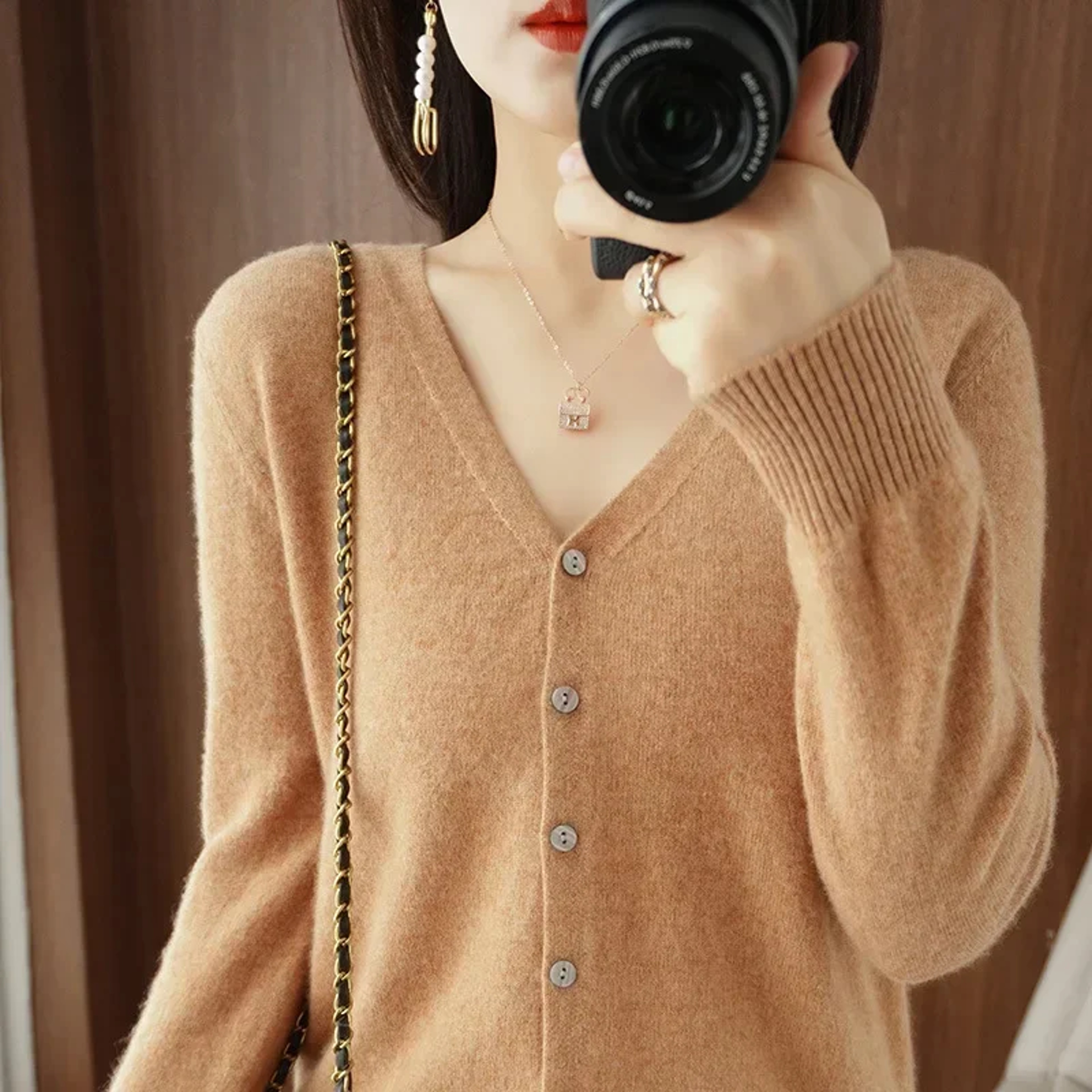 Women's V-Neck Knit Cardigan Sweater with Long Sleeves and Stretch Fit – view 11