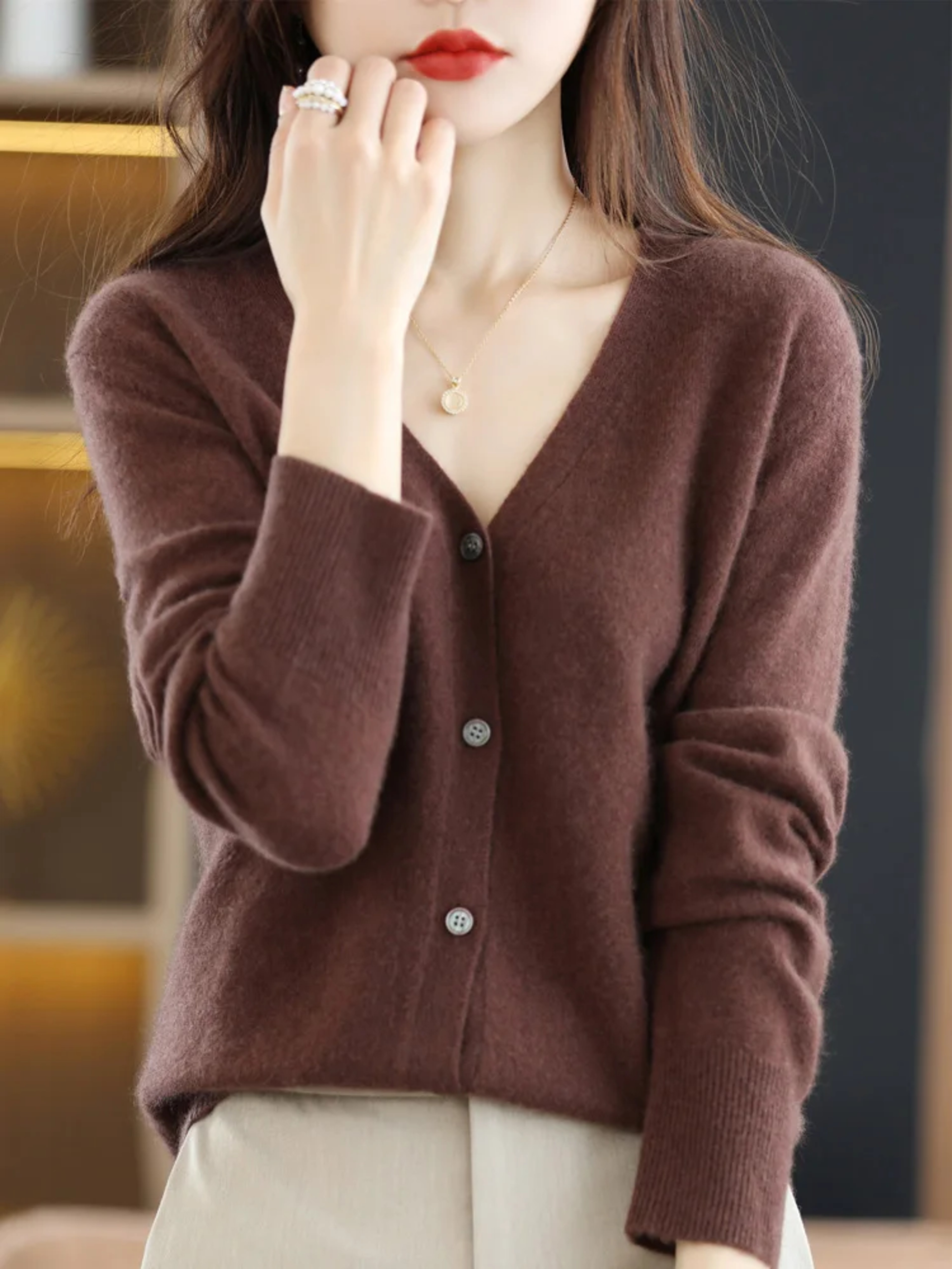 Women's V-Neck Knit Cardigan Sweater with Long Sleeves and Stretch Fit – view 15