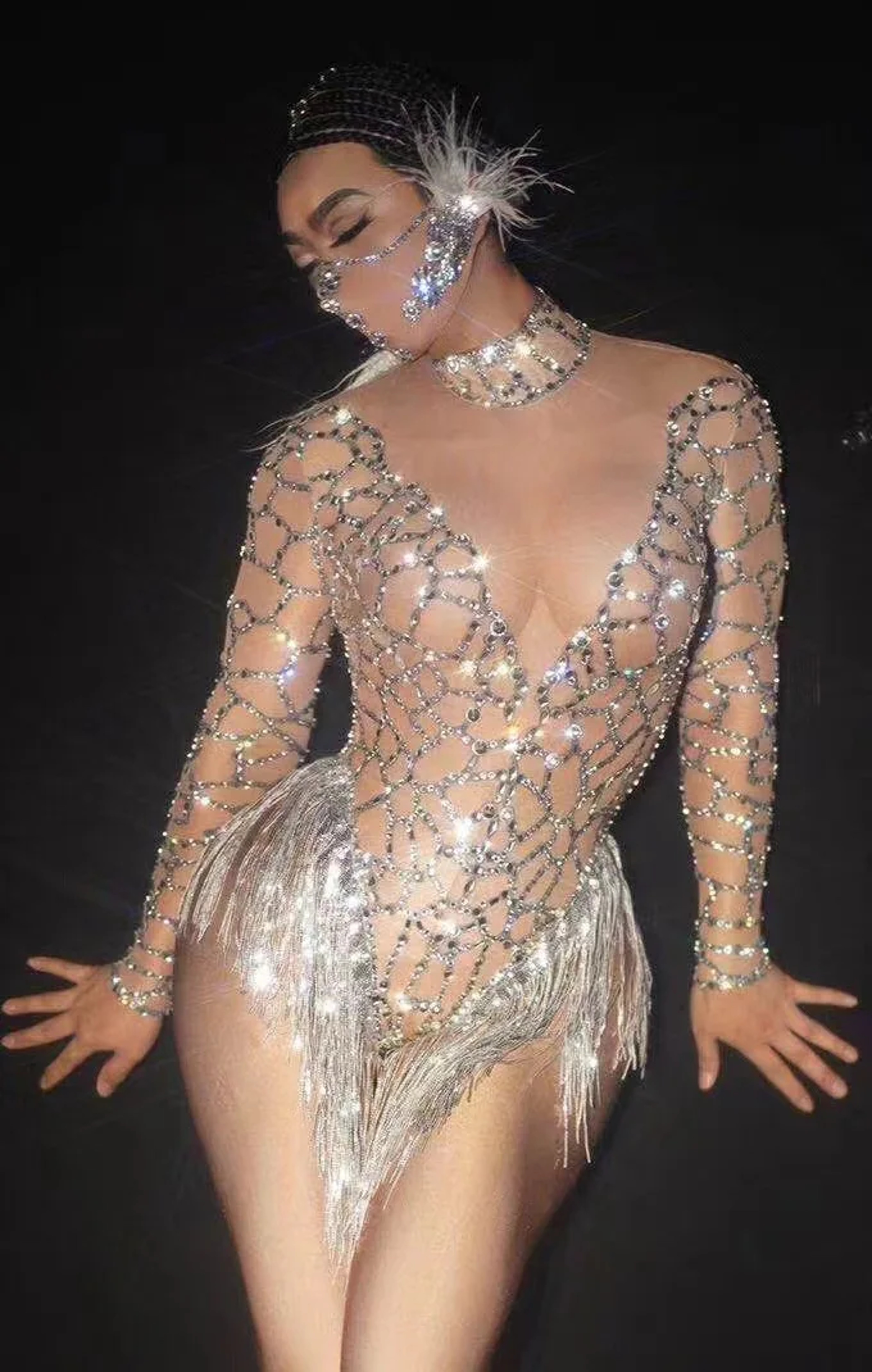 Womens Sheer Rhinestone Fringe Bodysuit For Stage Performances And Nightclubs 6
