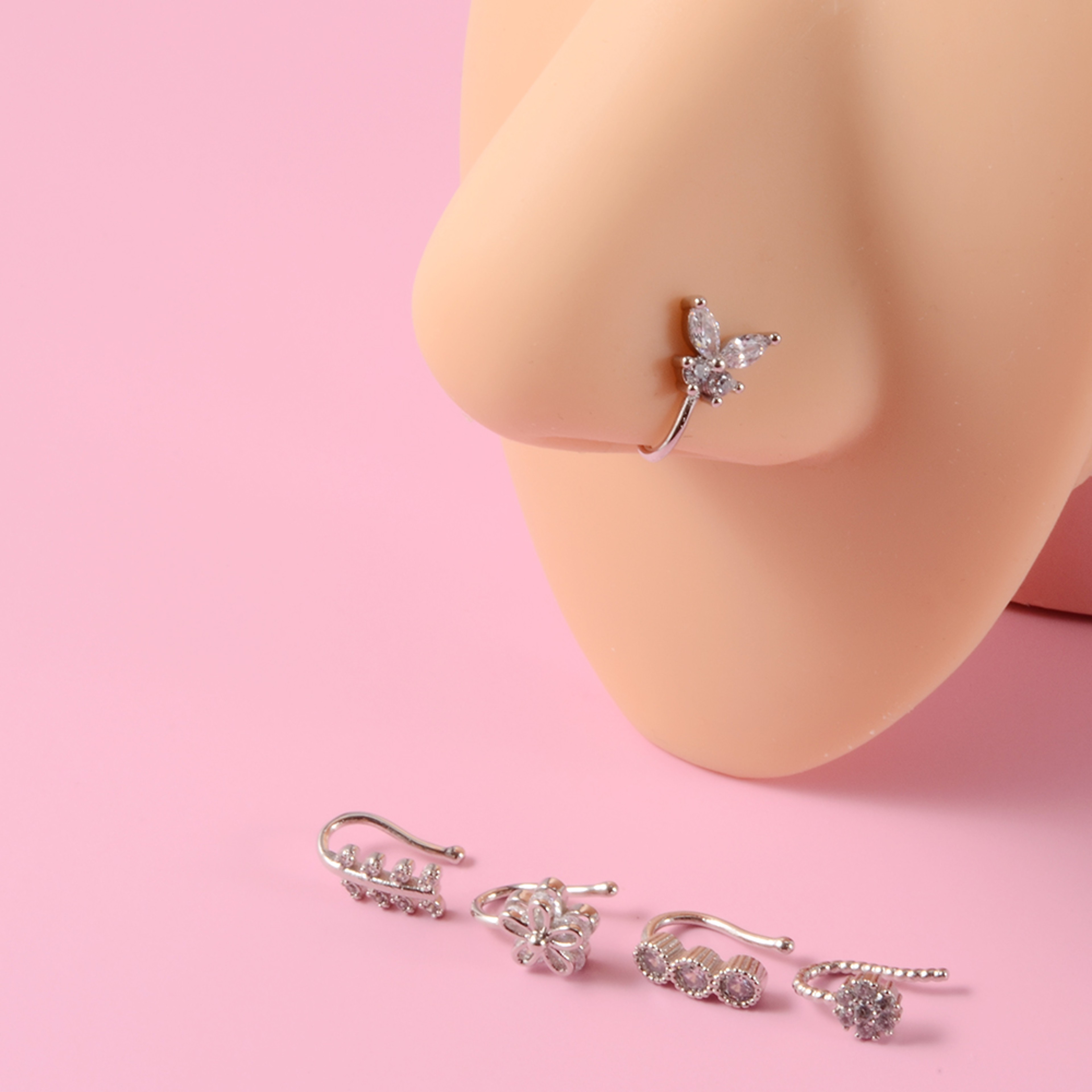 Shaped Stainless Steel Faux Nose Ring and Ear Cuff with Cubic Zirconia – view 3