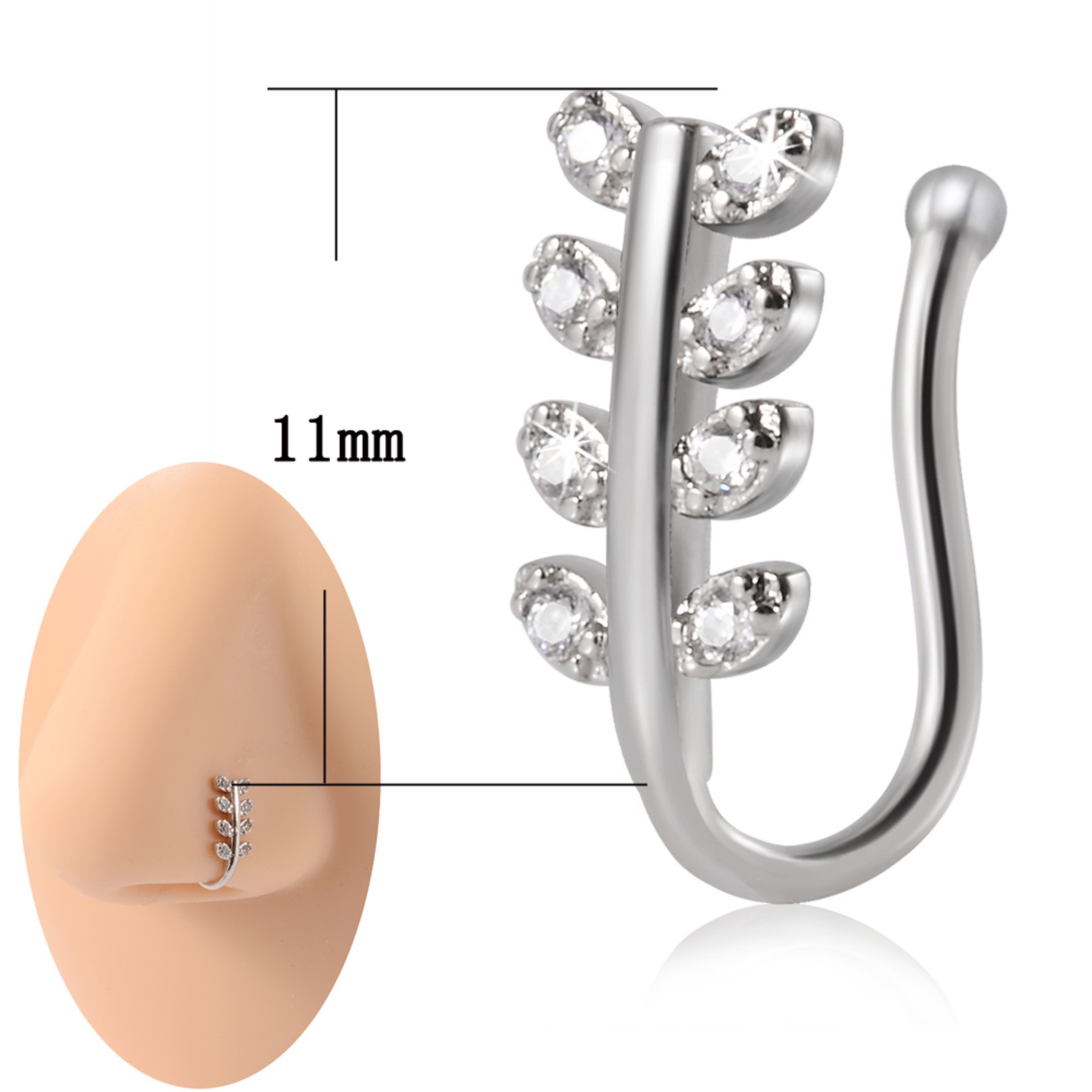 Shaped Stainless Steel Faux Nose Ring and Ear Cuff with Cubic Zirconia – view 12