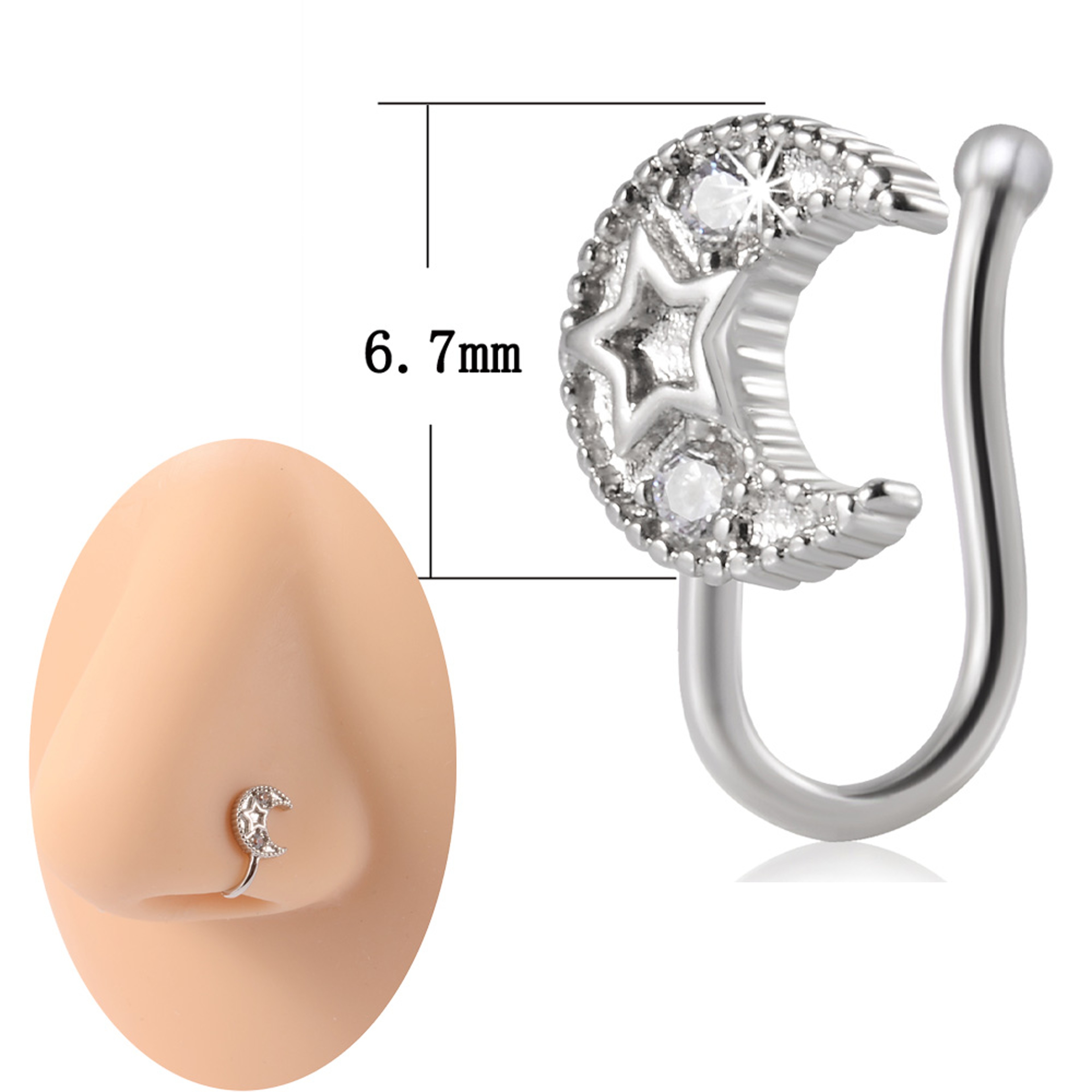 Shaped Stainless Steel Faux Nose Ring and Ear Cuff with Cubic Zirconia – view 18