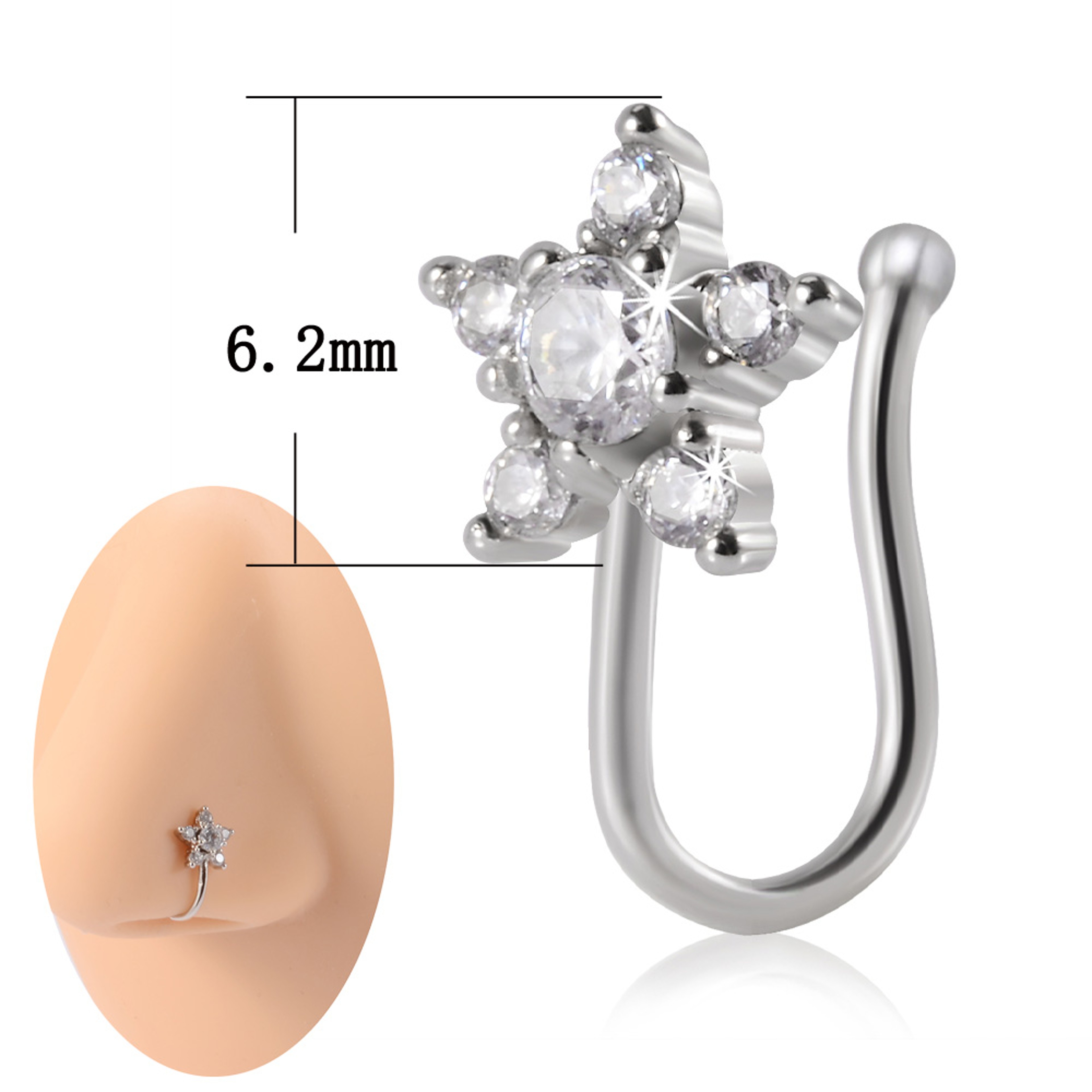 Shaped Stainless Steel Faux Nose Ring and Ear Cuff with Cubic Zirconia – view 19