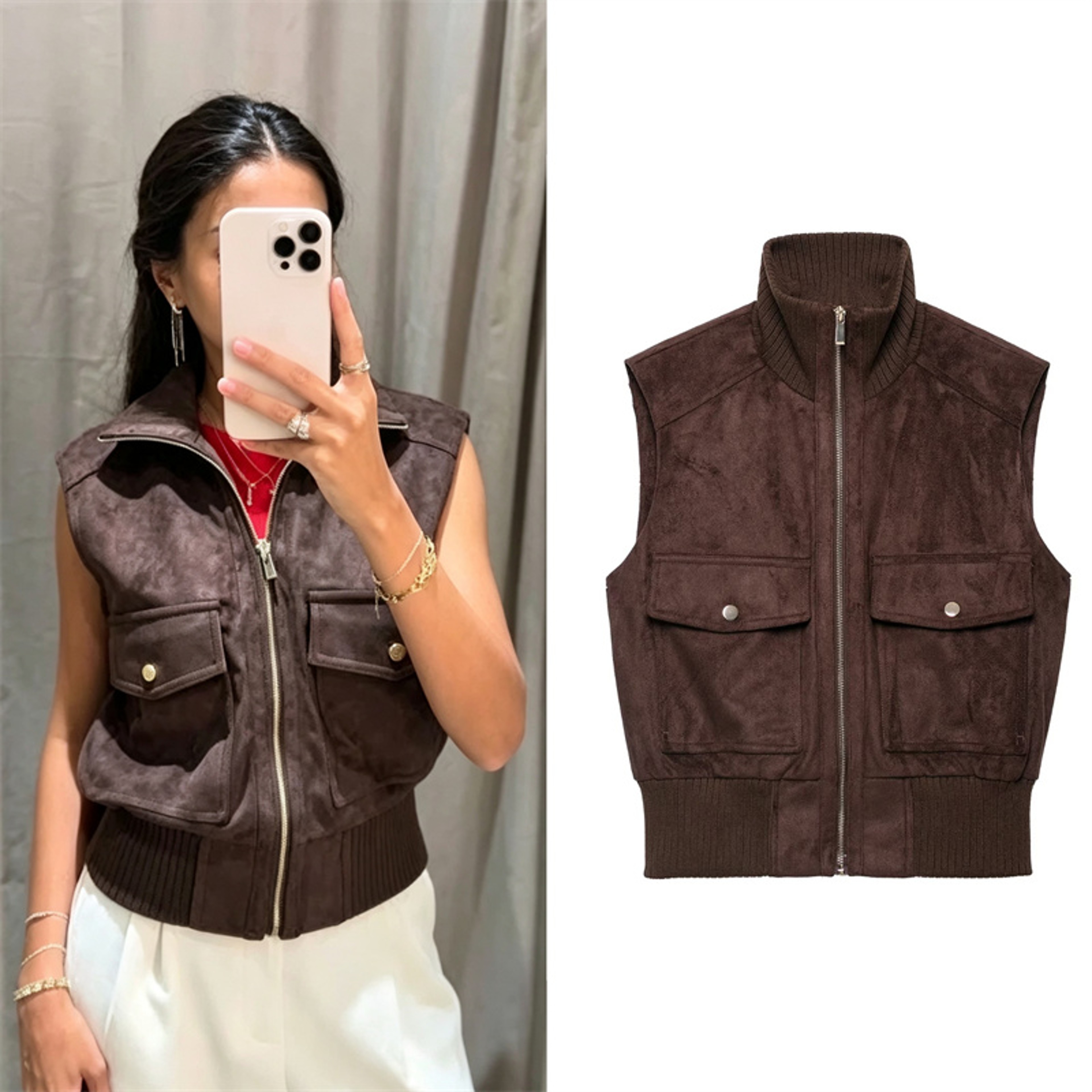 Women's Suede-Texture Zip-Up Vest with Stand Collar and Pockets – view 1