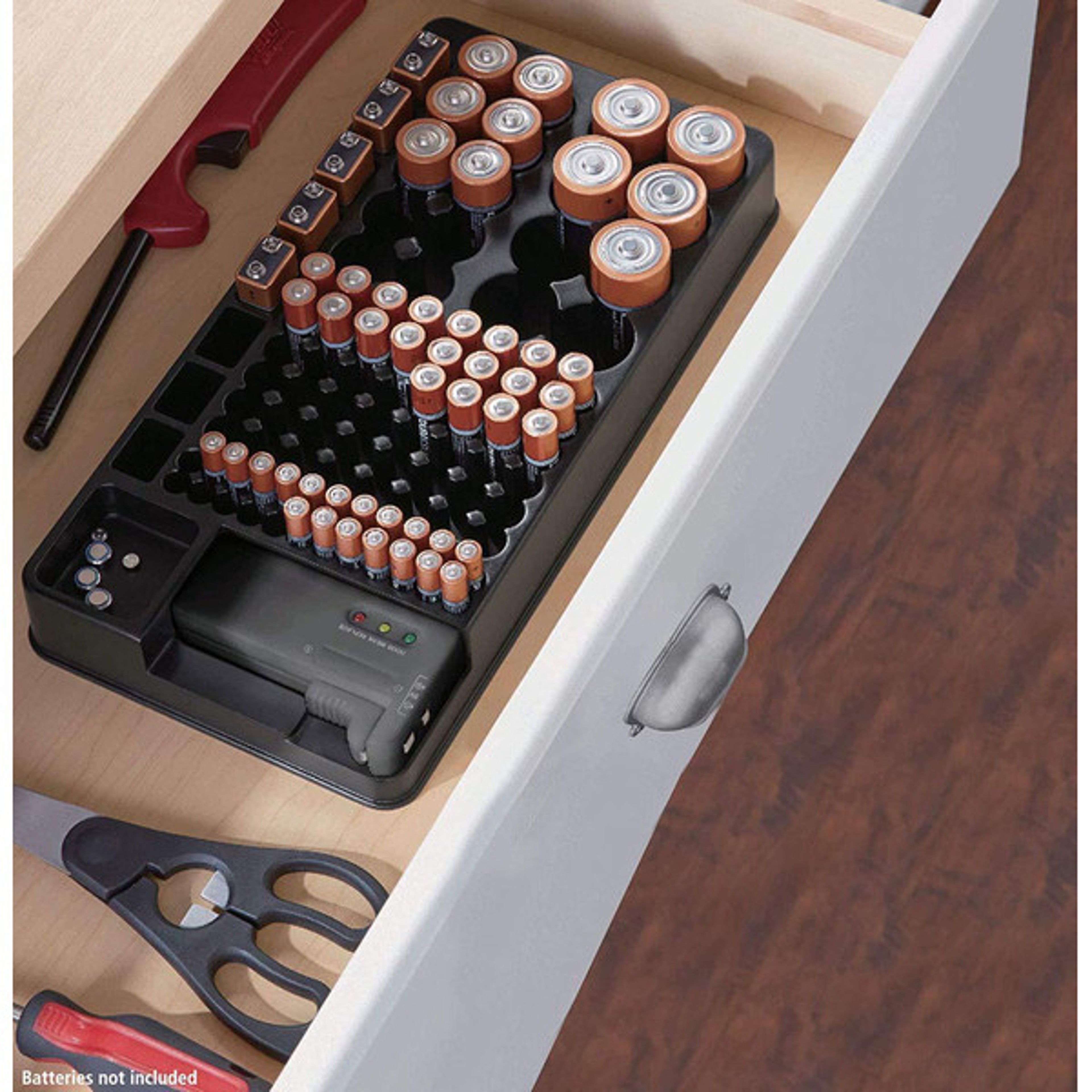 Battery Storage Organizer with Tester  Ultimate Battery Caddy for Drawers  Walls
