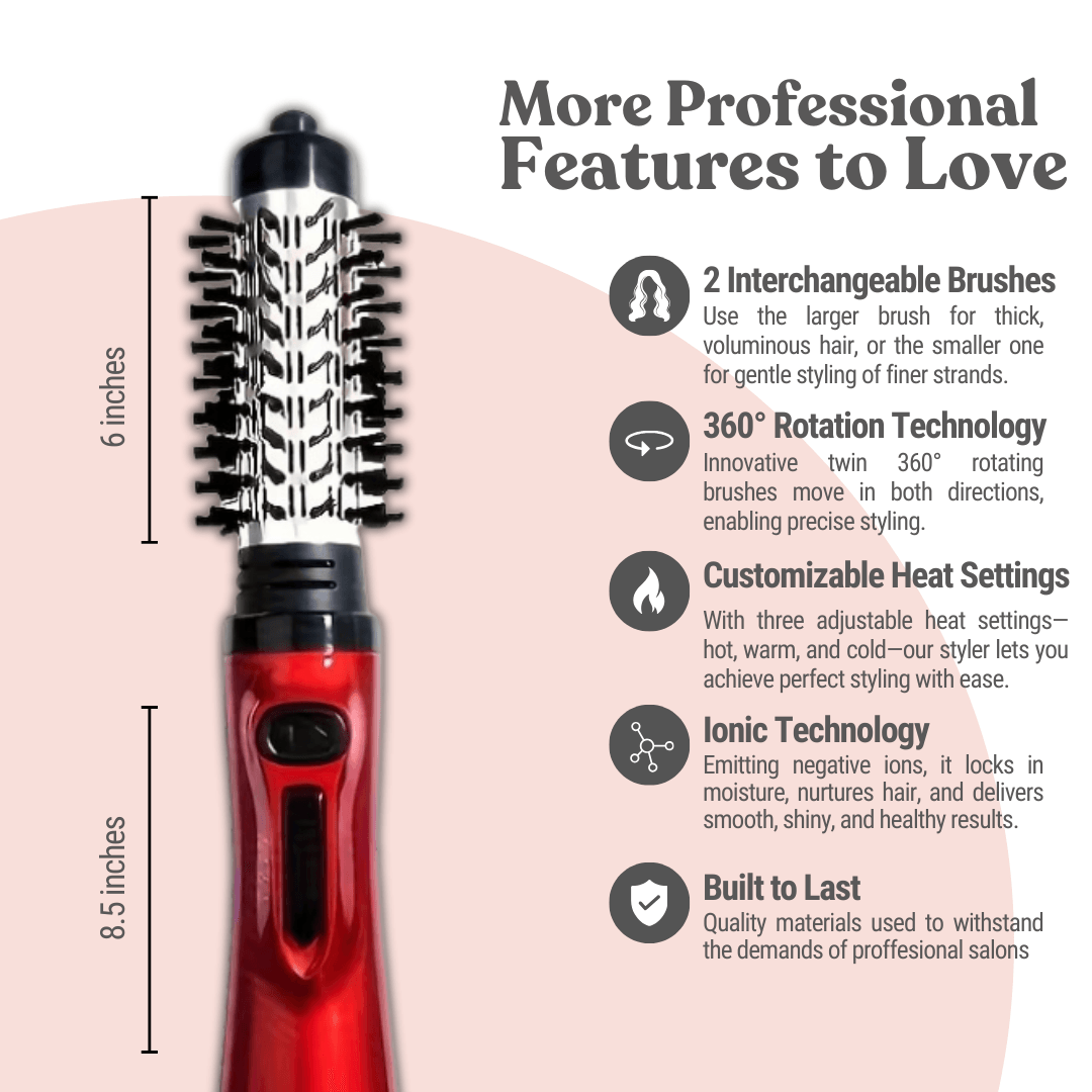 2in1 Hot Air Styler And Rotating Hair Dryer Electric Blow Dryer With AntiScald Bristles Ceramic Bar 3