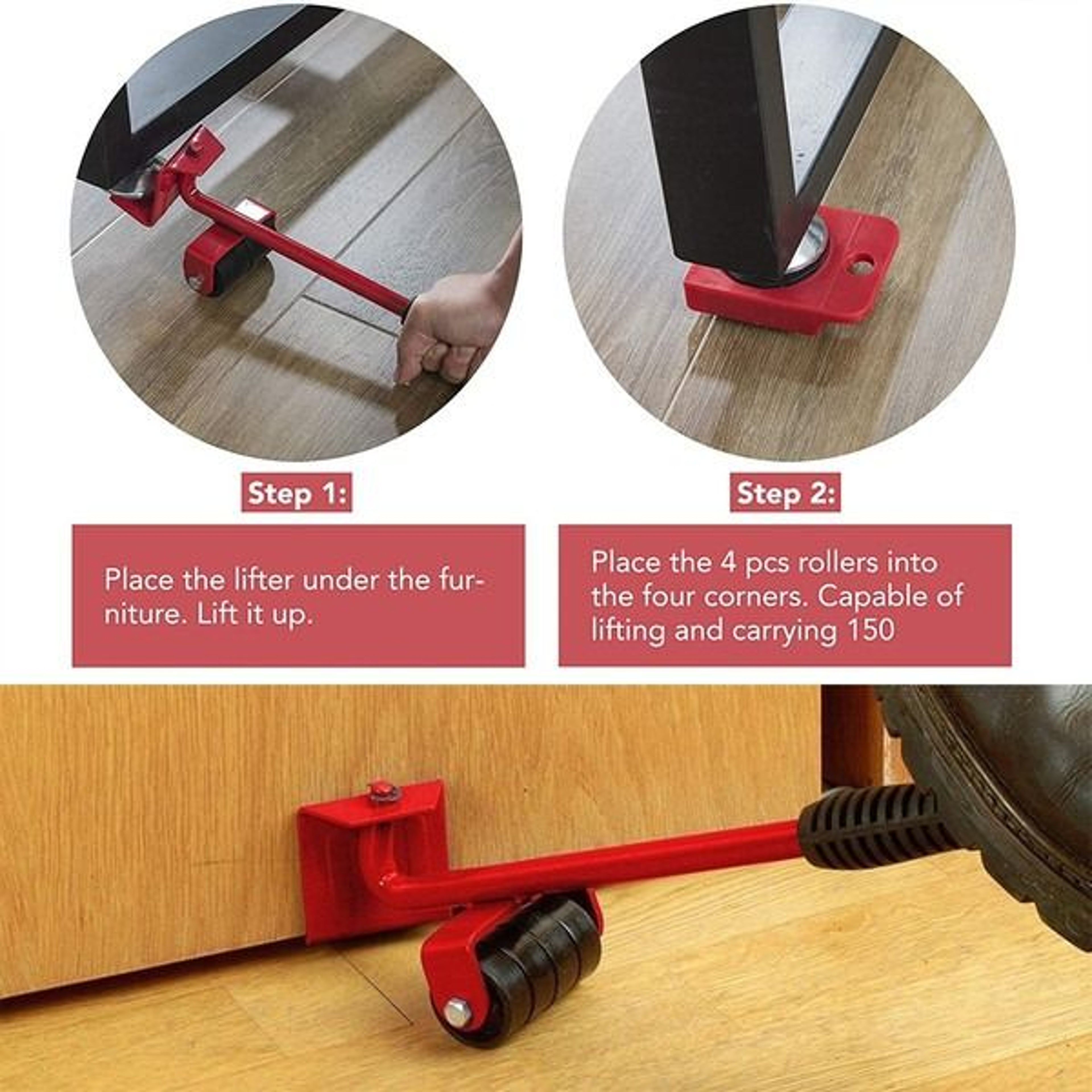 Heavy Duty Furniture Lifter With 4 Movable Wheels  HighQuality ABS Plastic  Steel Red Eliminates Ba