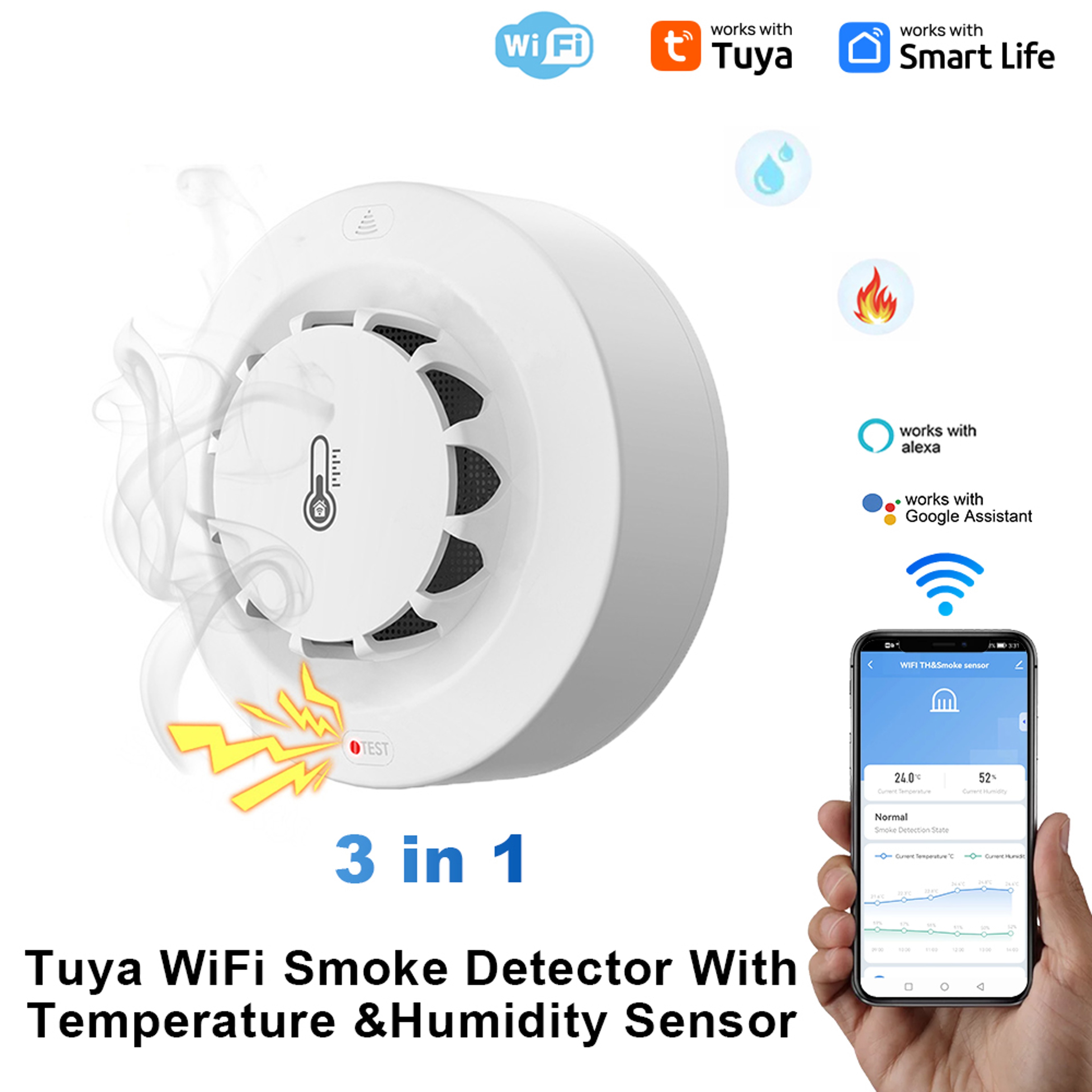 Smart Tuya Wifi BT Smoke Detector With Temperature Humidity Sensor Loud Alarm Remote Push Alert Fir 0