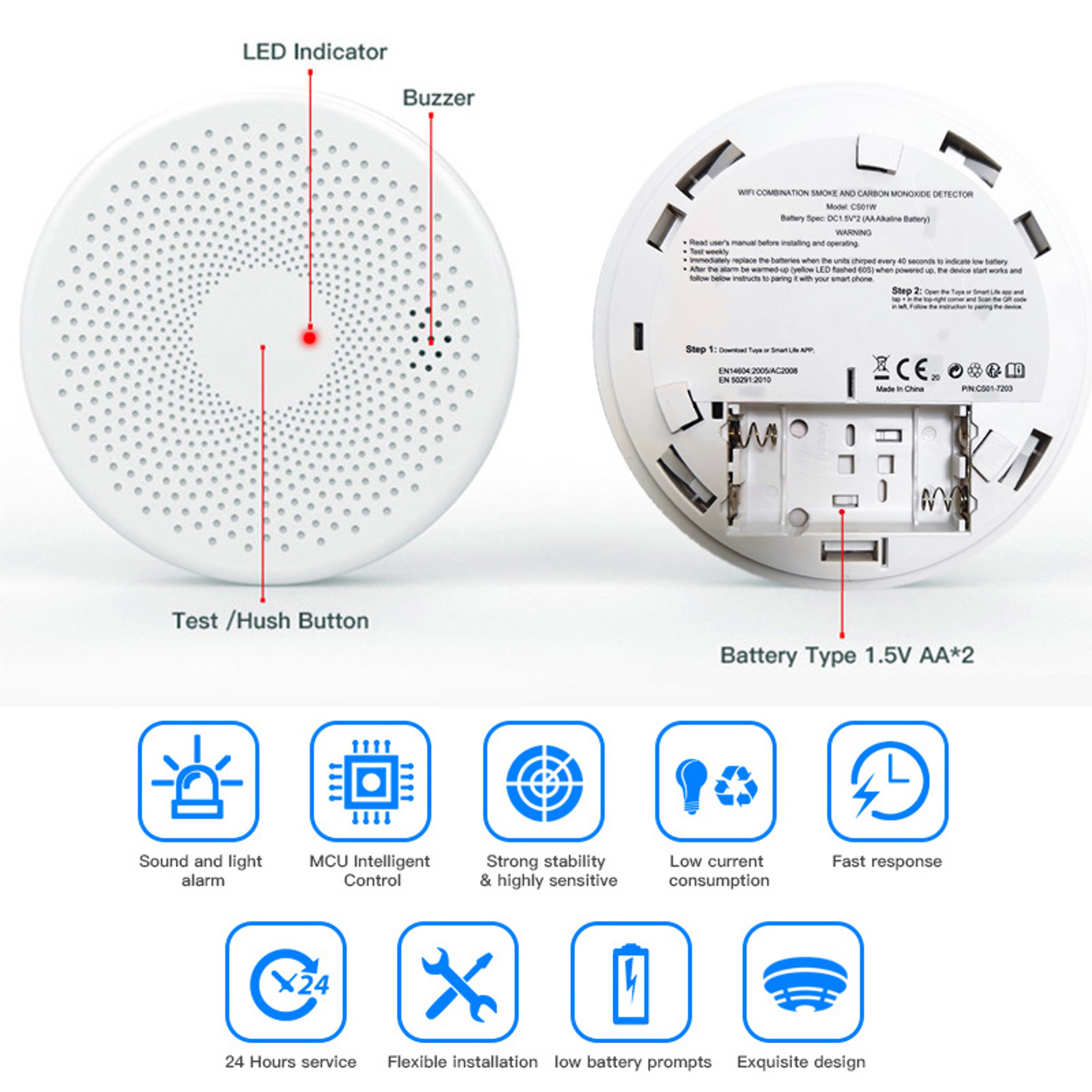 WiFi Tuya Smart Smoke and CO Detector 2 in 1 Version, Carbon Monoxide Alarm for Kitchen, Parlor, Shop Fire Safety Sensor – view 6