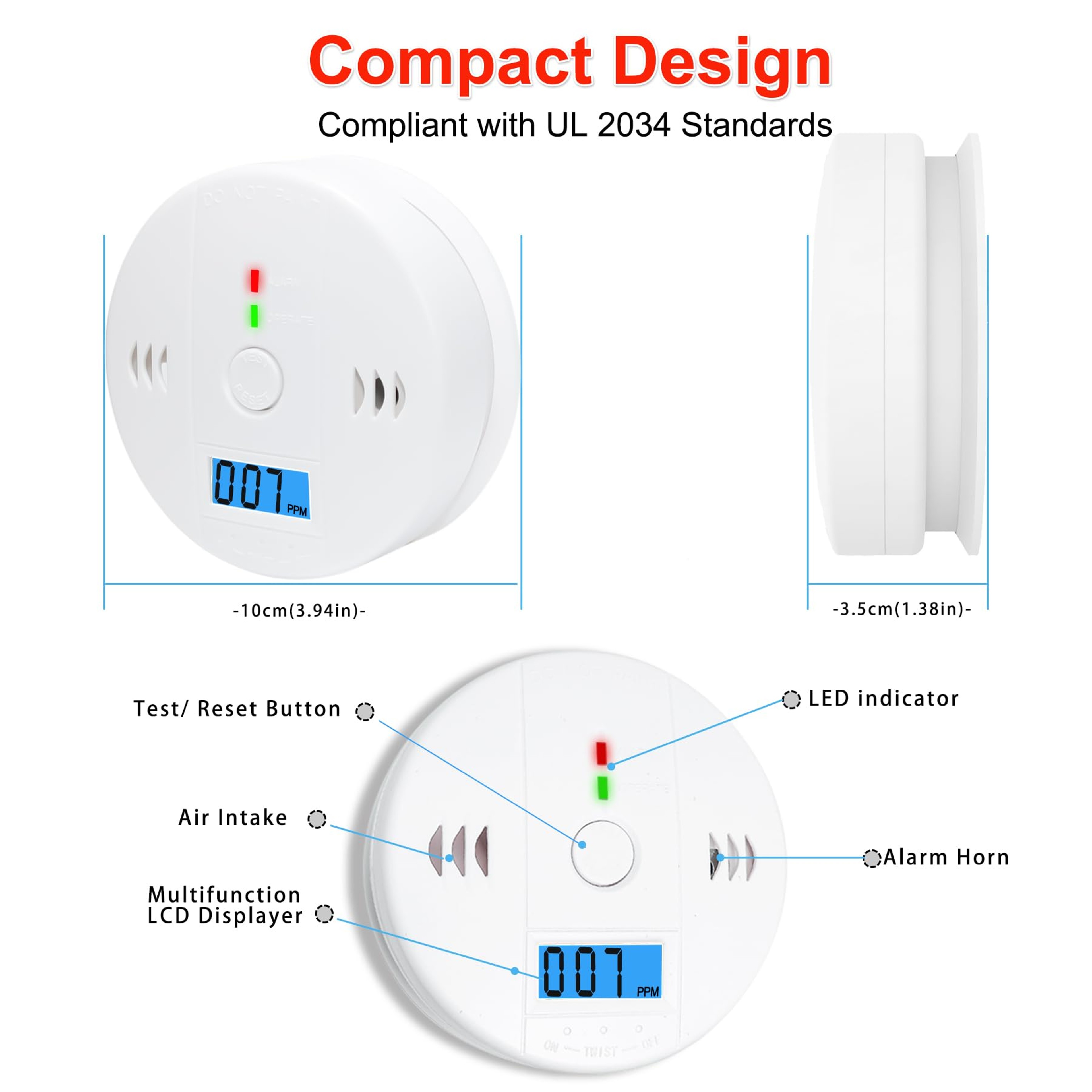 CO and Smoke Alarm Carbon Monoxide Smoke Detector, Combination CO Alarm Fire Alarm for Home Bedroom Kitchen – view 8