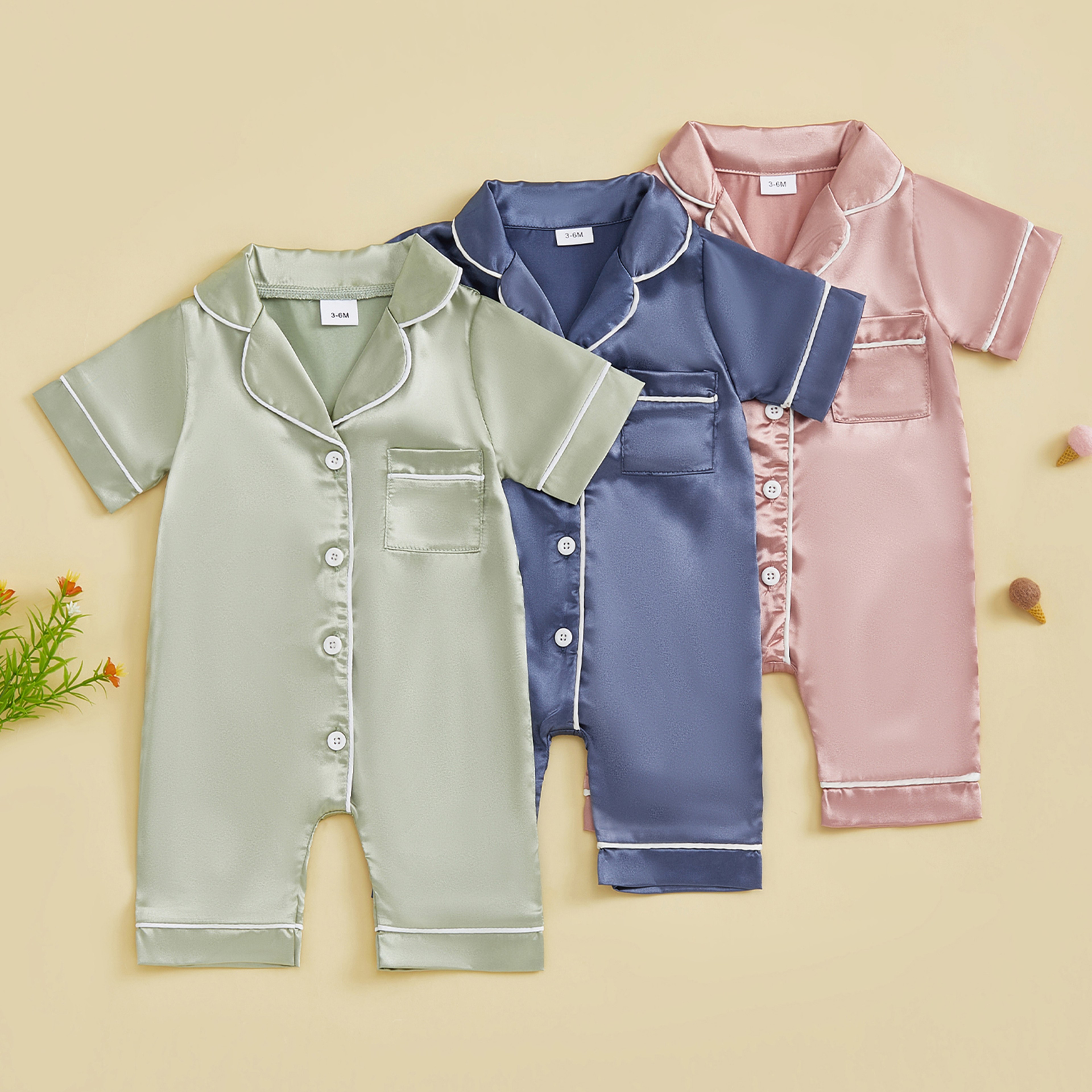 Soft Satin Baby Pajamas Romper, Patchwork Turn-Down Collar Short Sleeve Jumpsuit for Newborn Sleepwear – view 3