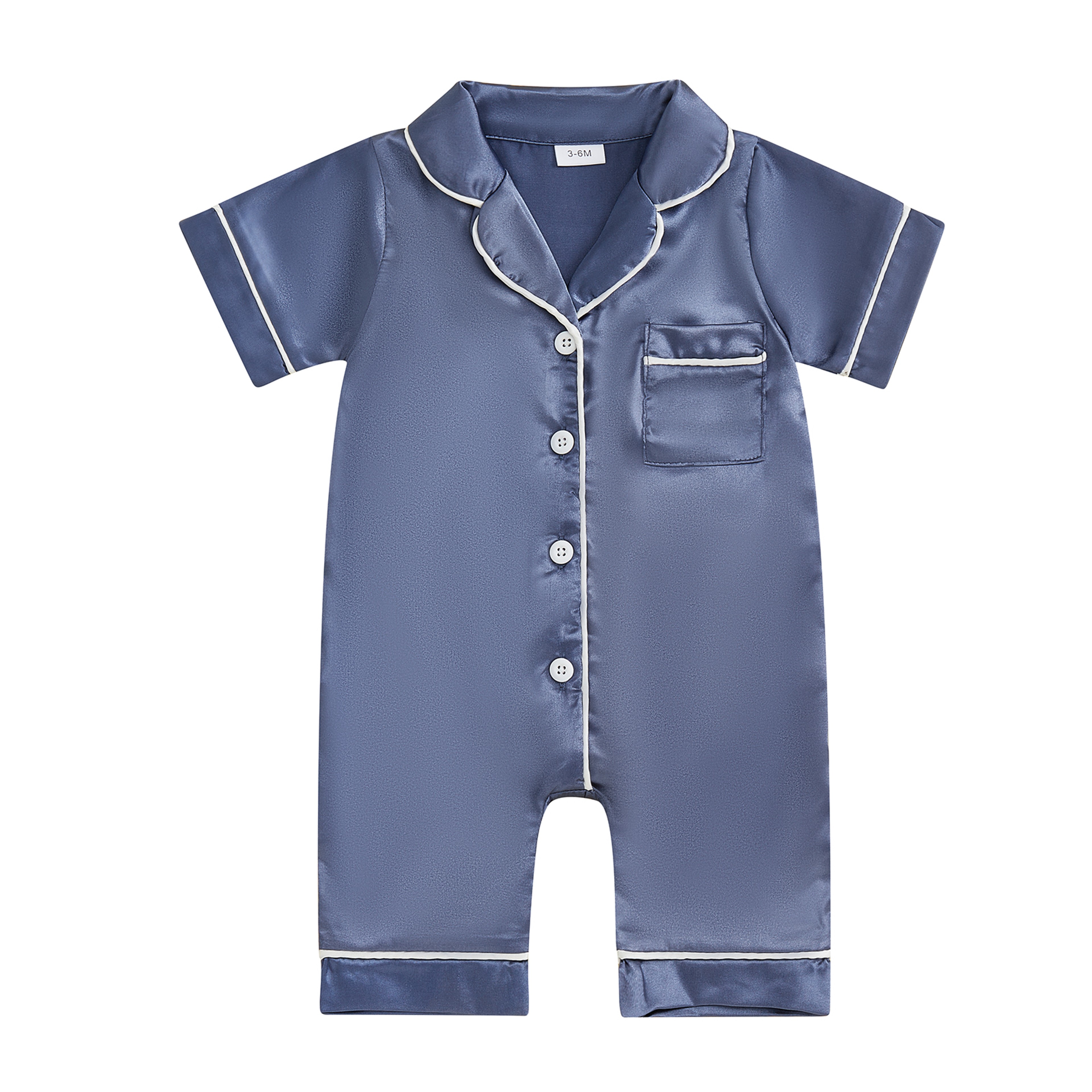 Soft Satin Baby Pajamas Romper, Patchwork Turn-Down Collar Short Sleeve Jumpsuit for Newborn Sleepwear – view 9