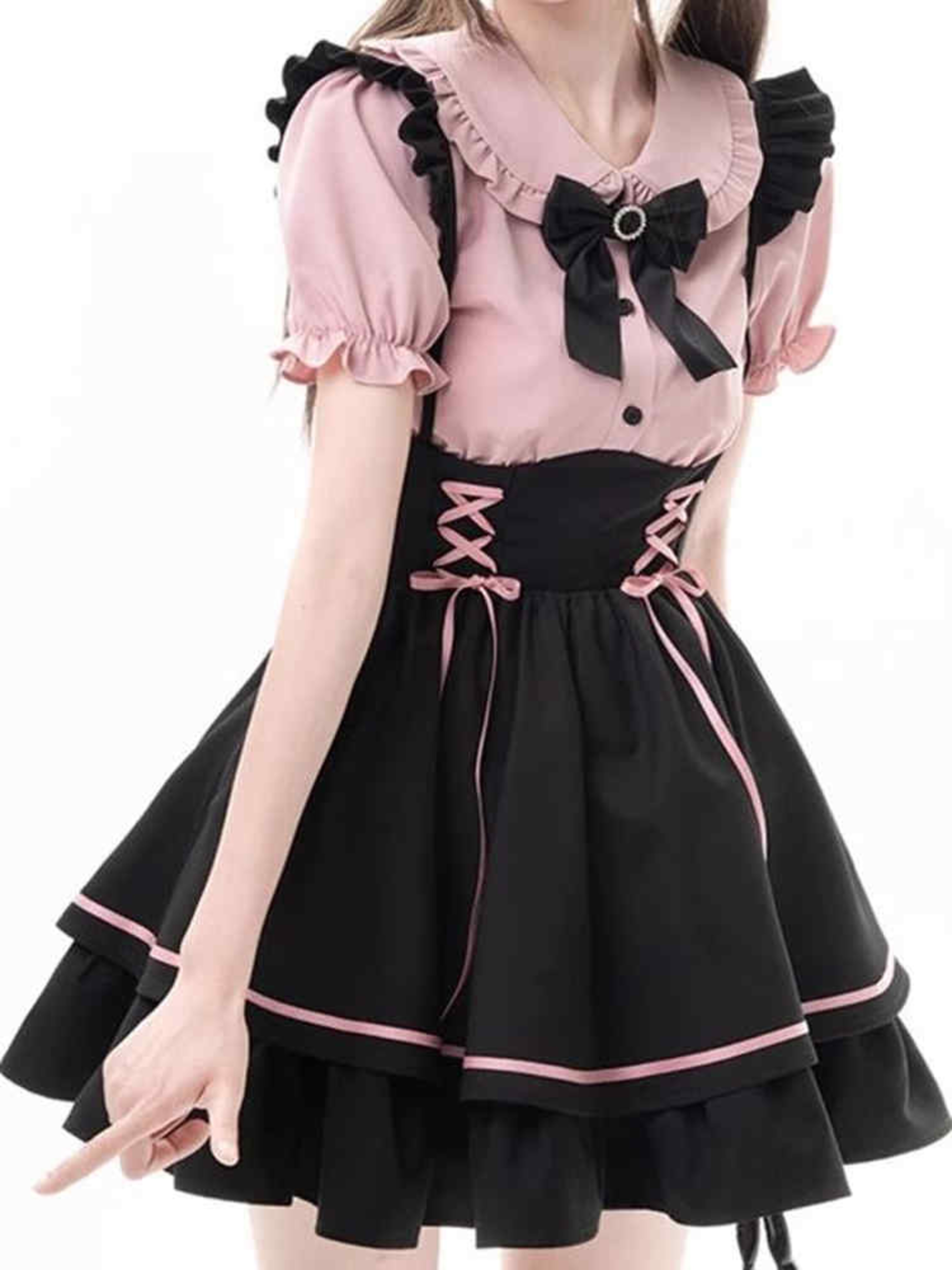 Sweet Lolita Dress Set, Womens Two Piece Set with Bib Overalls and A-Line Skirt, Cute School Princess Style – view 1