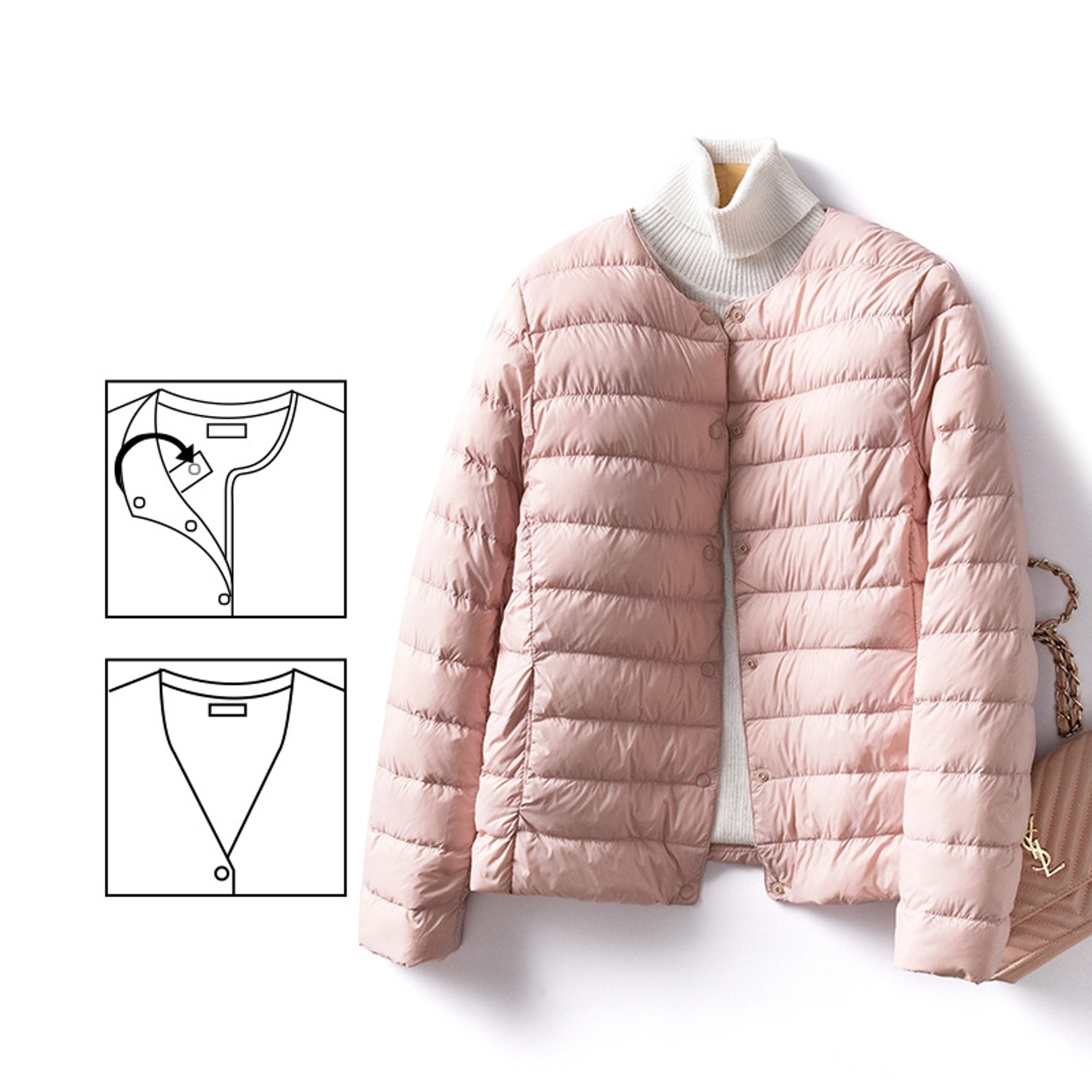 Women's Ultralight Quilted Puffer Coat, Variable V Neck, Collarless Duck Down Jacket for Winter Warmth – view 7