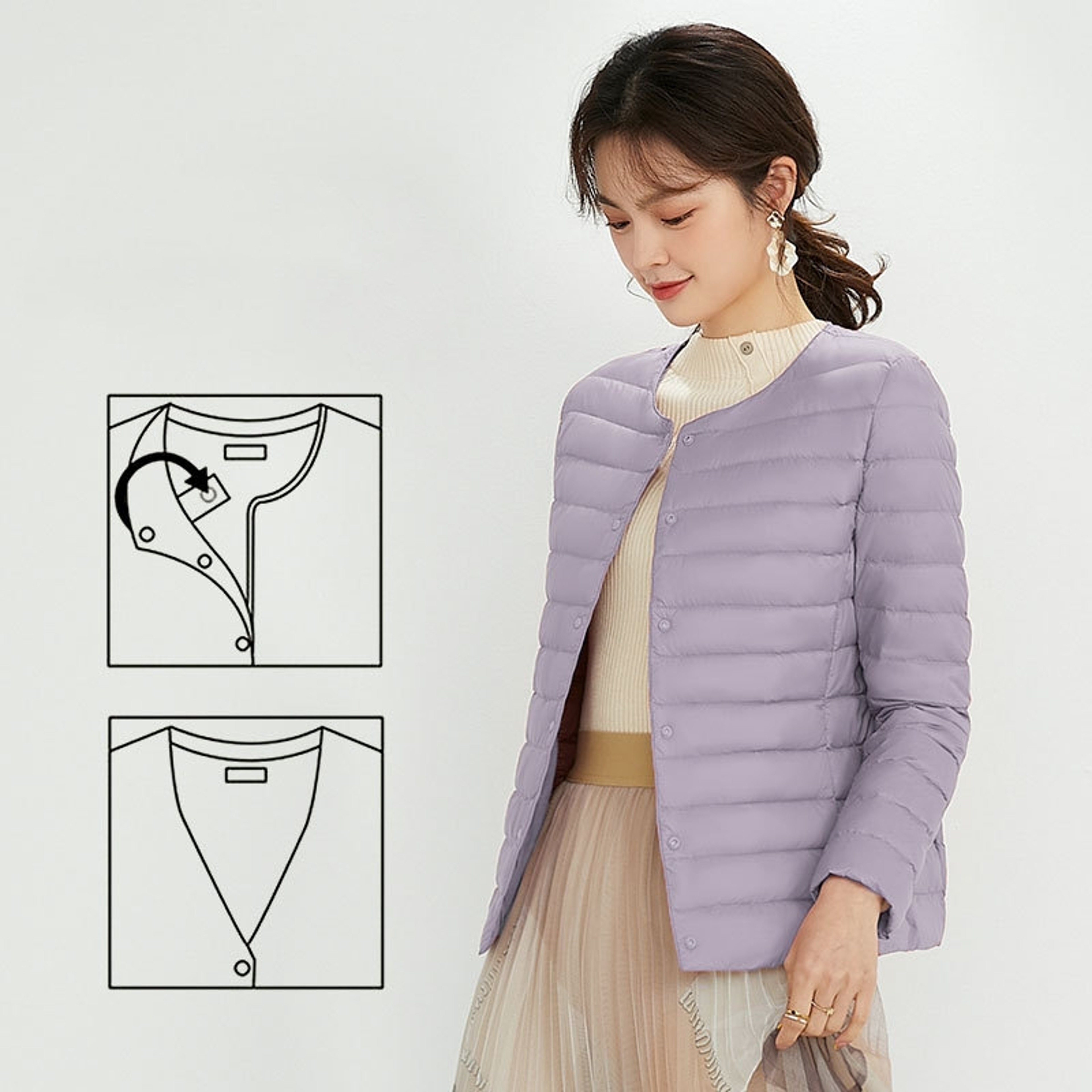 Women's Ultralight Quilted Puffer Coat, Variable V Neck, Collarless Duck Down Jacket for Winter Warmth – view 10
