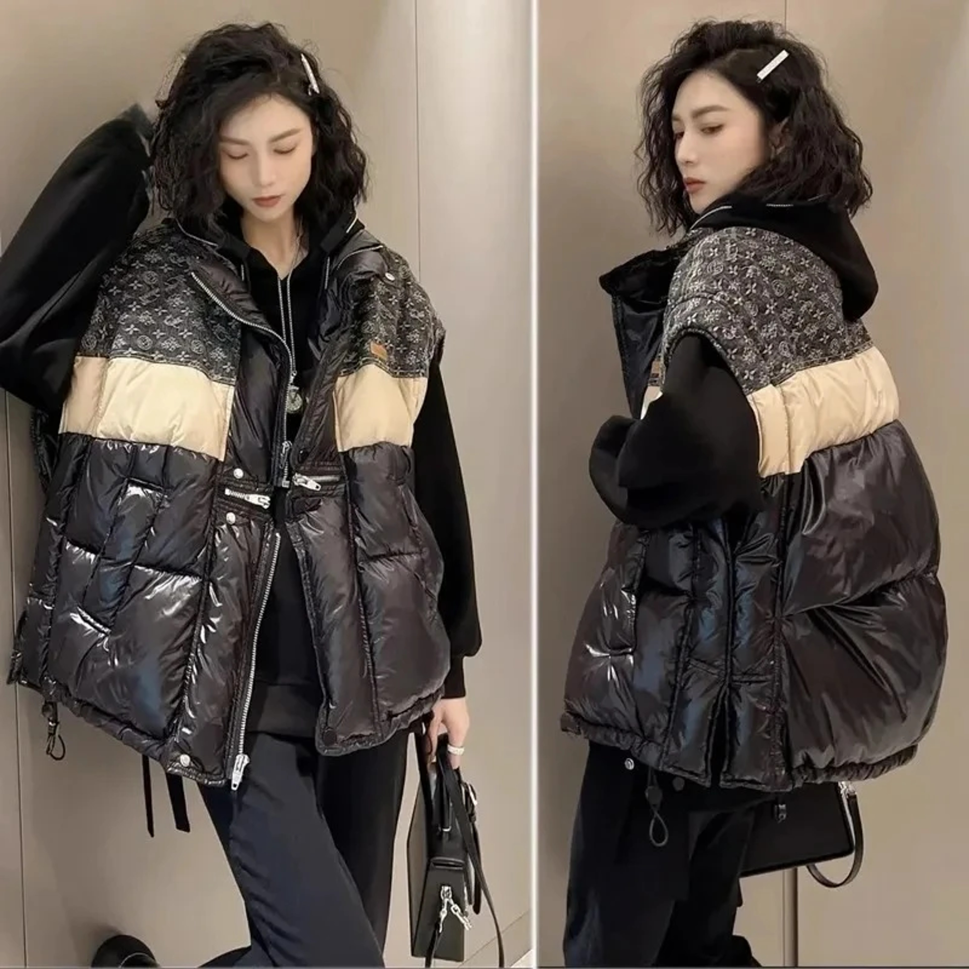 Women's Duck Down Vest, Fashionable Stand Collar, Contrast Color Splicing, Loose Fit, White Fill, Winter Wear – view 6