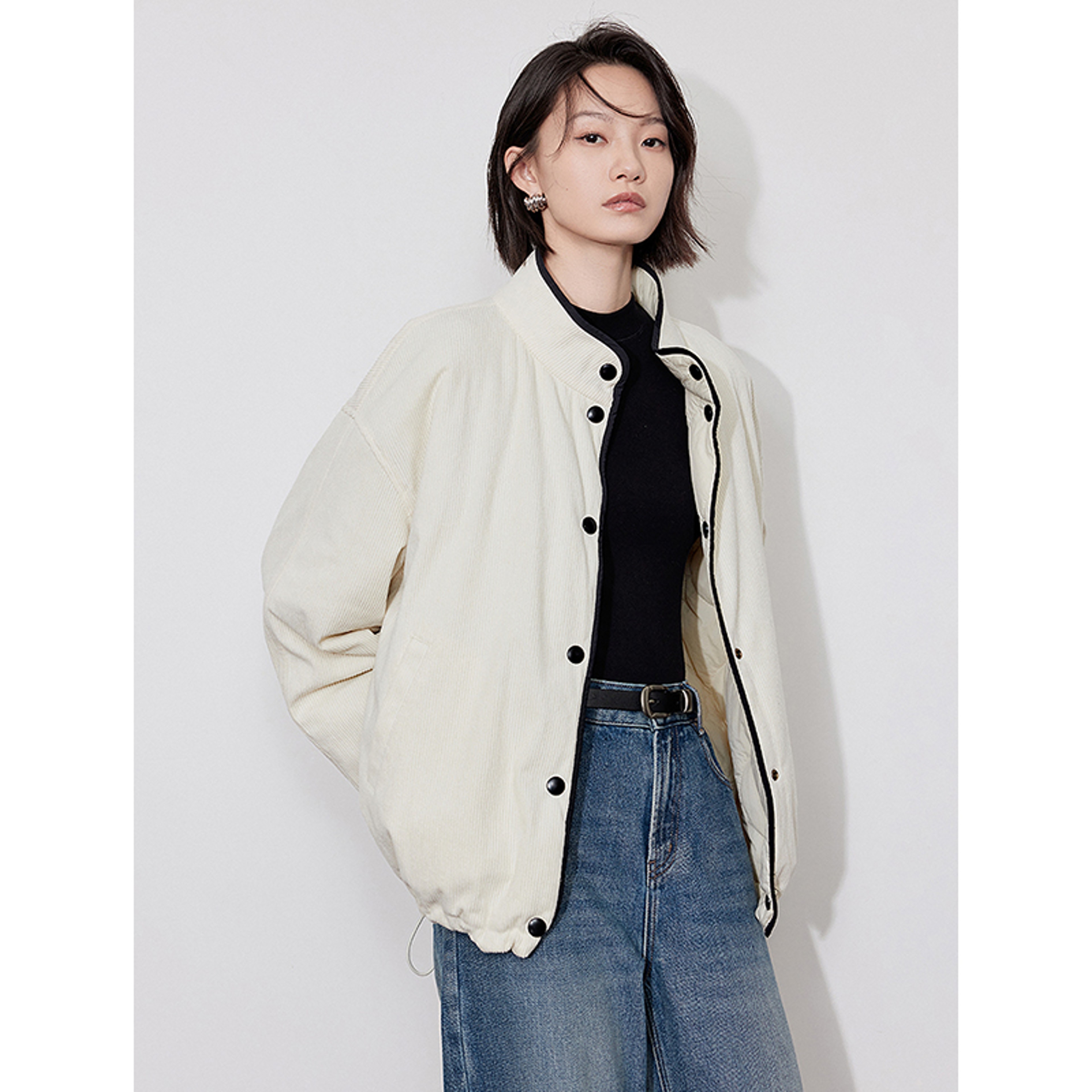 Elegant Womens Winter Coat Thick Cotton Long Sleeve Outwear Contrast Color Splicing Lapel Collar Ja 2
