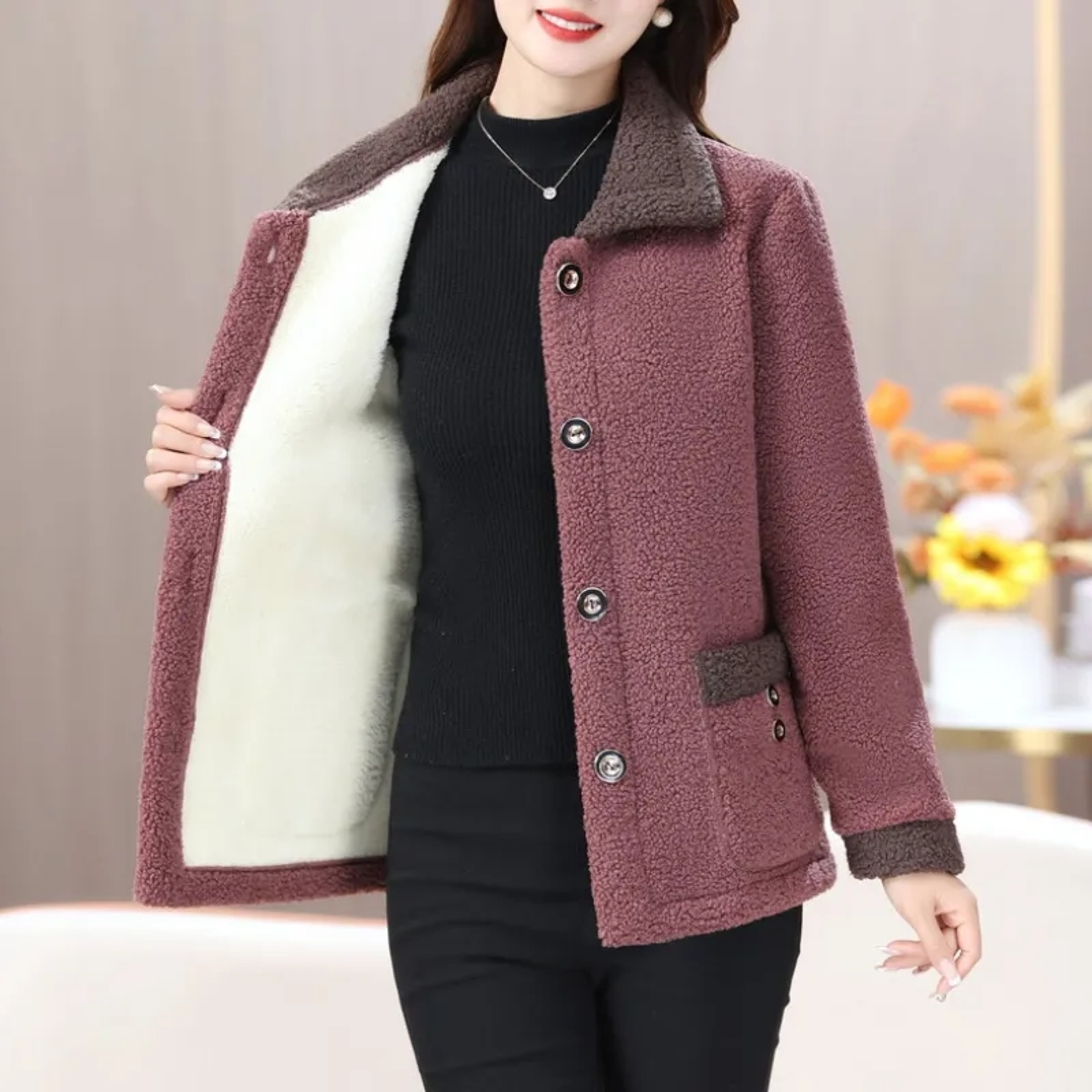 Velvet Thickened Warm Coat for Women, Luxurious Lamb Fur Style, Loose Fit Winter Jacket for Middle Aged Ladies, Winter – view 3