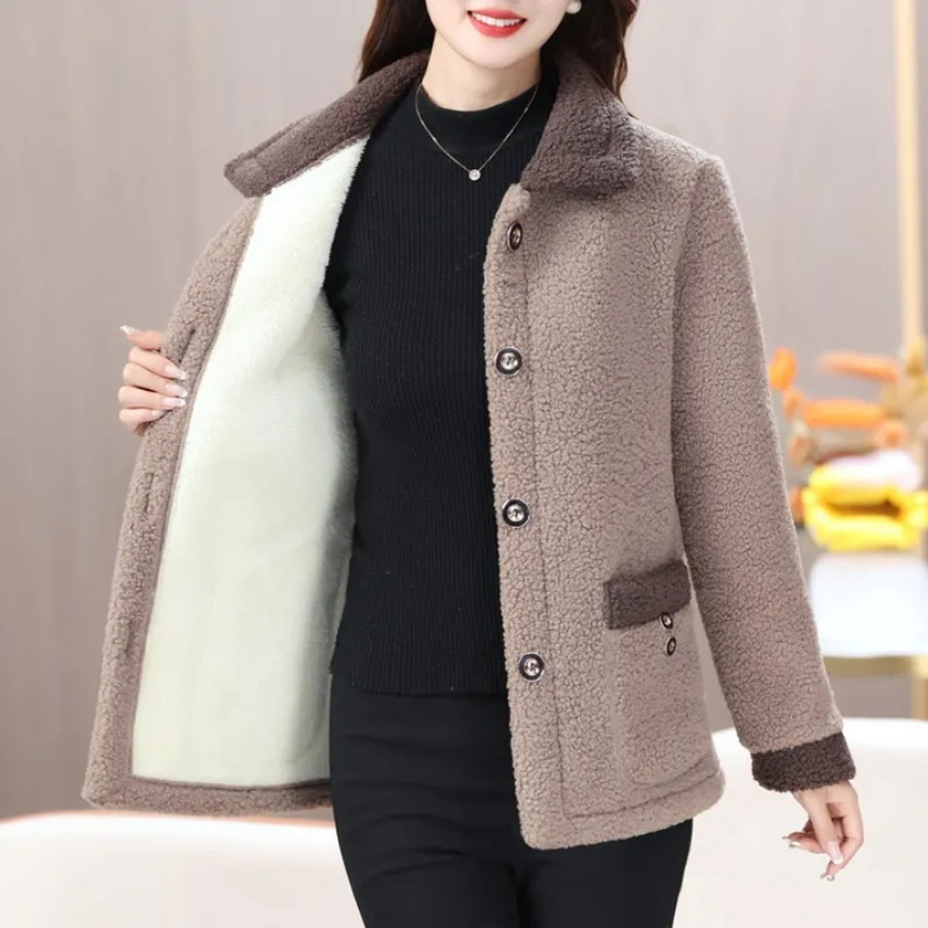 Velvet Thickened Warm Coat for Women, Luxurious Lamb Fur Style, Loose Fit Winter Jacket for Middle Aged Ladies, Winter – view 4