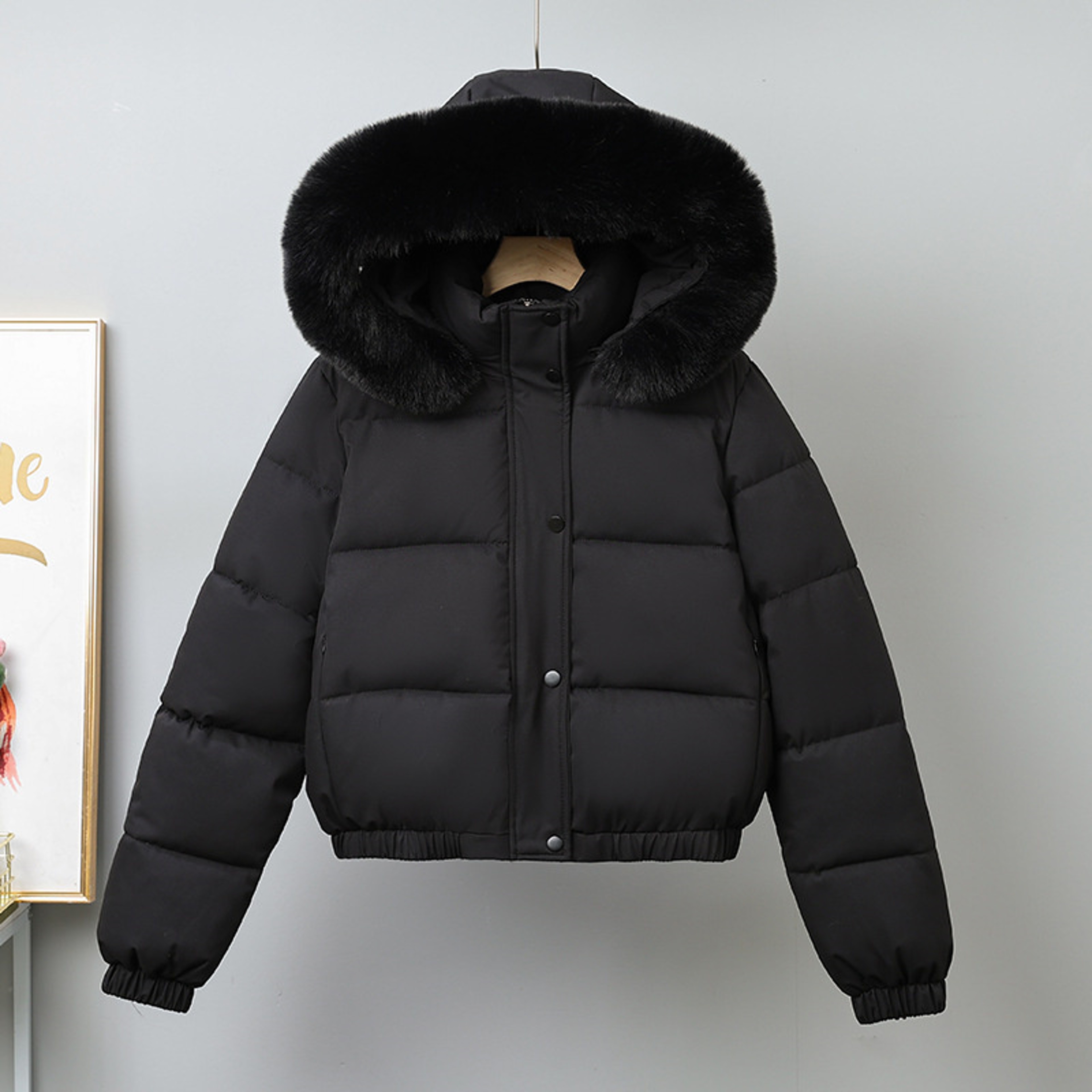 Women's Short Winter Parka, with Removable Fur Collar Hood, Thick Velvet Cotton Padding, Warm Jacket Outerwear Coat – view 2