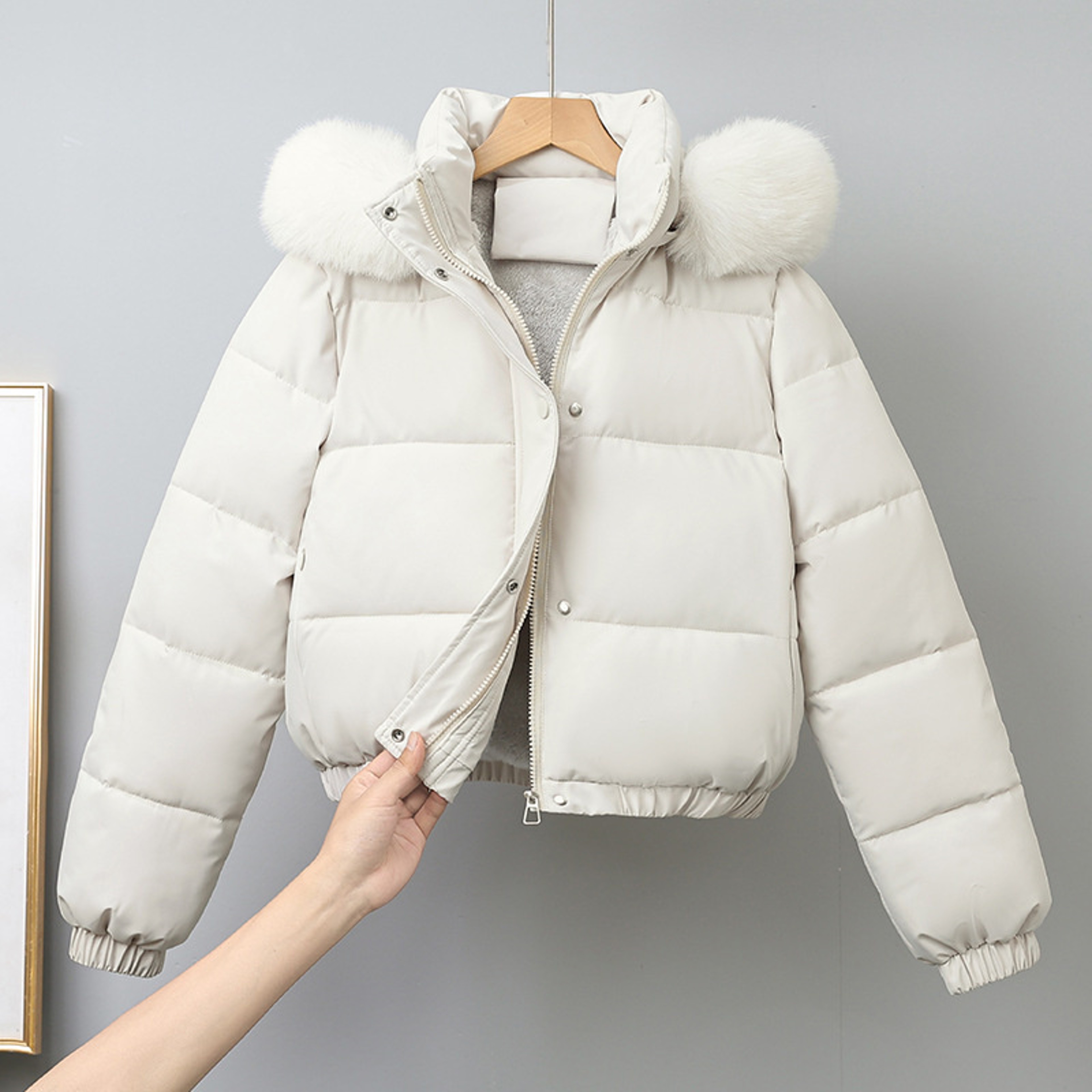 Women's Short Winter Parka, with Removable Fur Collar Hood, Thick Velvet Cotton Padding, Warm Jacket Outerwear Coat – view 3