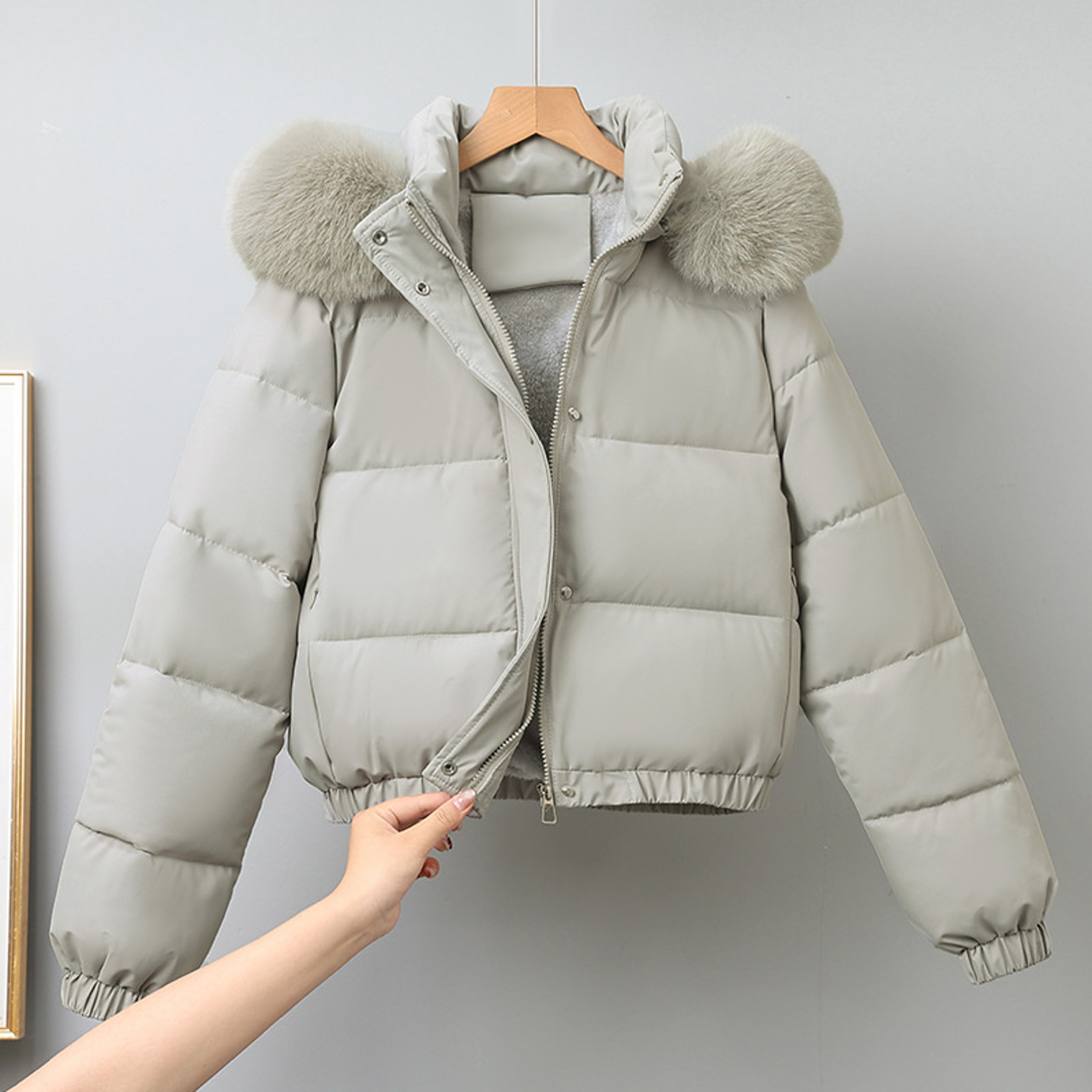 Women's Short Winter Parka, with Removable Fur Collar Hood, Thick Velvet Cotton Padding, Warm Jacket Outerwear Coat – view 4