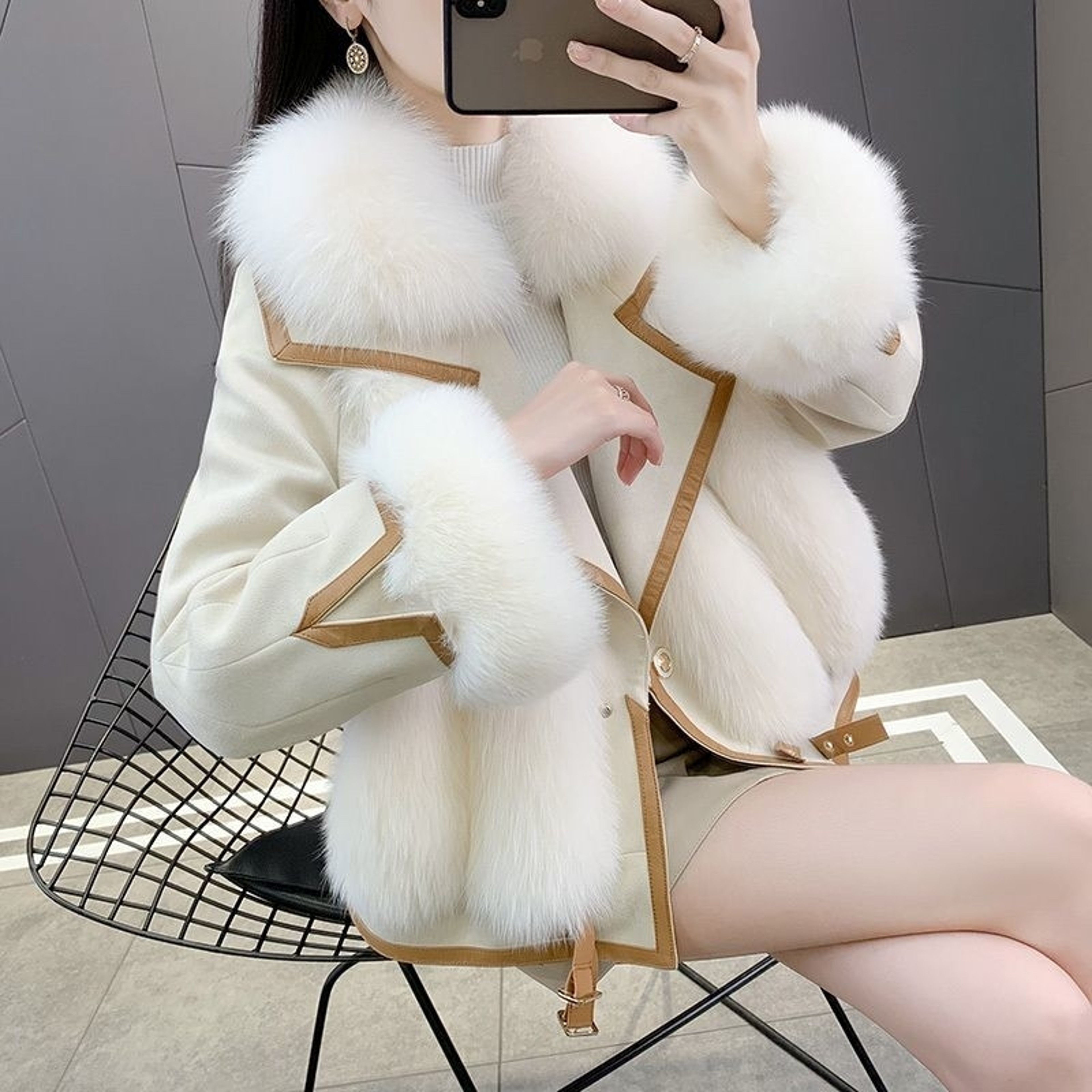 Women's Mid Long Faux Fur Jacket, Winter Warm Coat with PU Leather Splicing, Long Sleeve Thickened Outwear – view 3