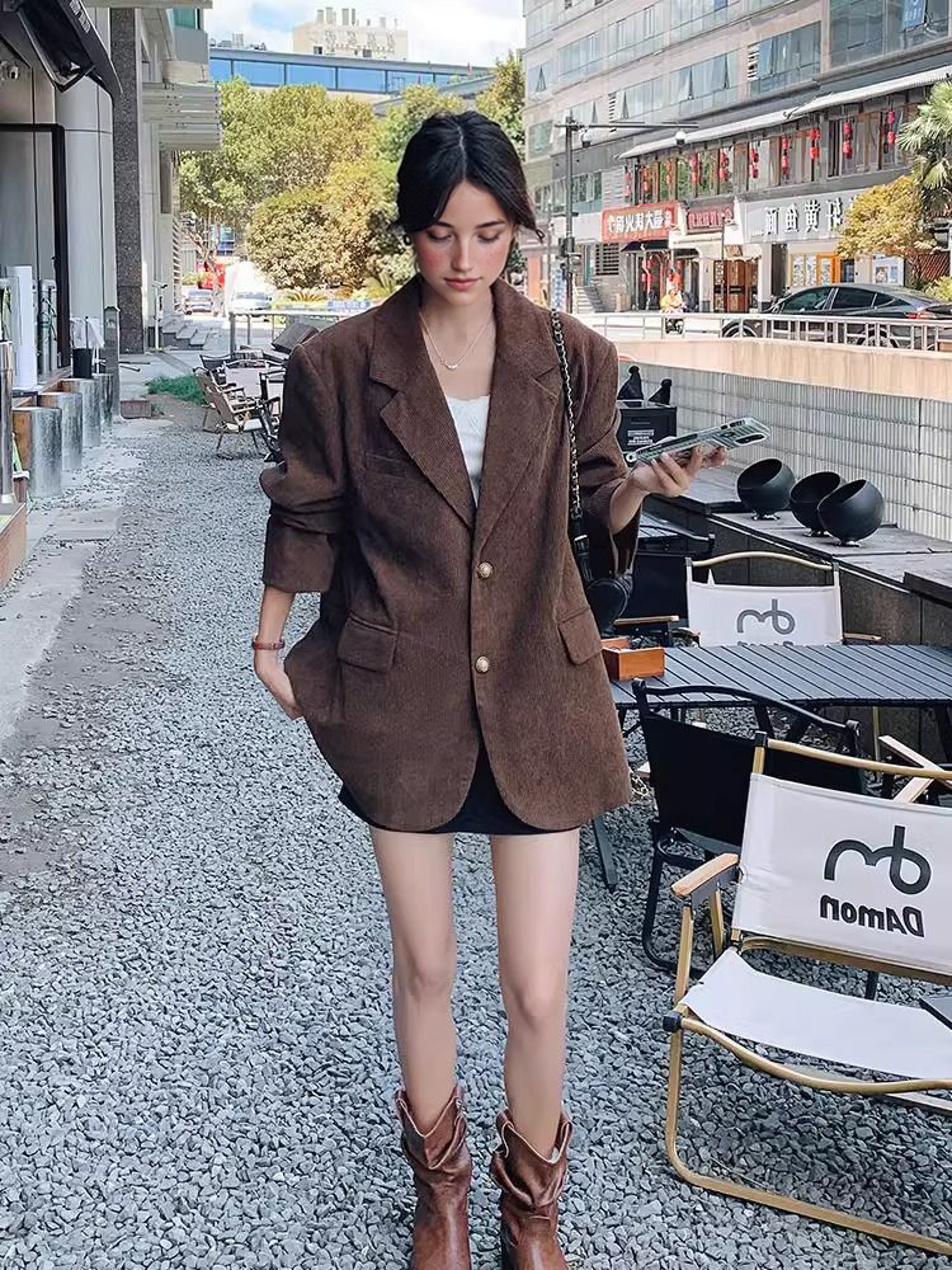Vintage Corduroy Blazer for Women, Autumn Fashion Coat, Single Breasted, Loose Fit, Solid Color, Casual Blazer Clothing – view 5