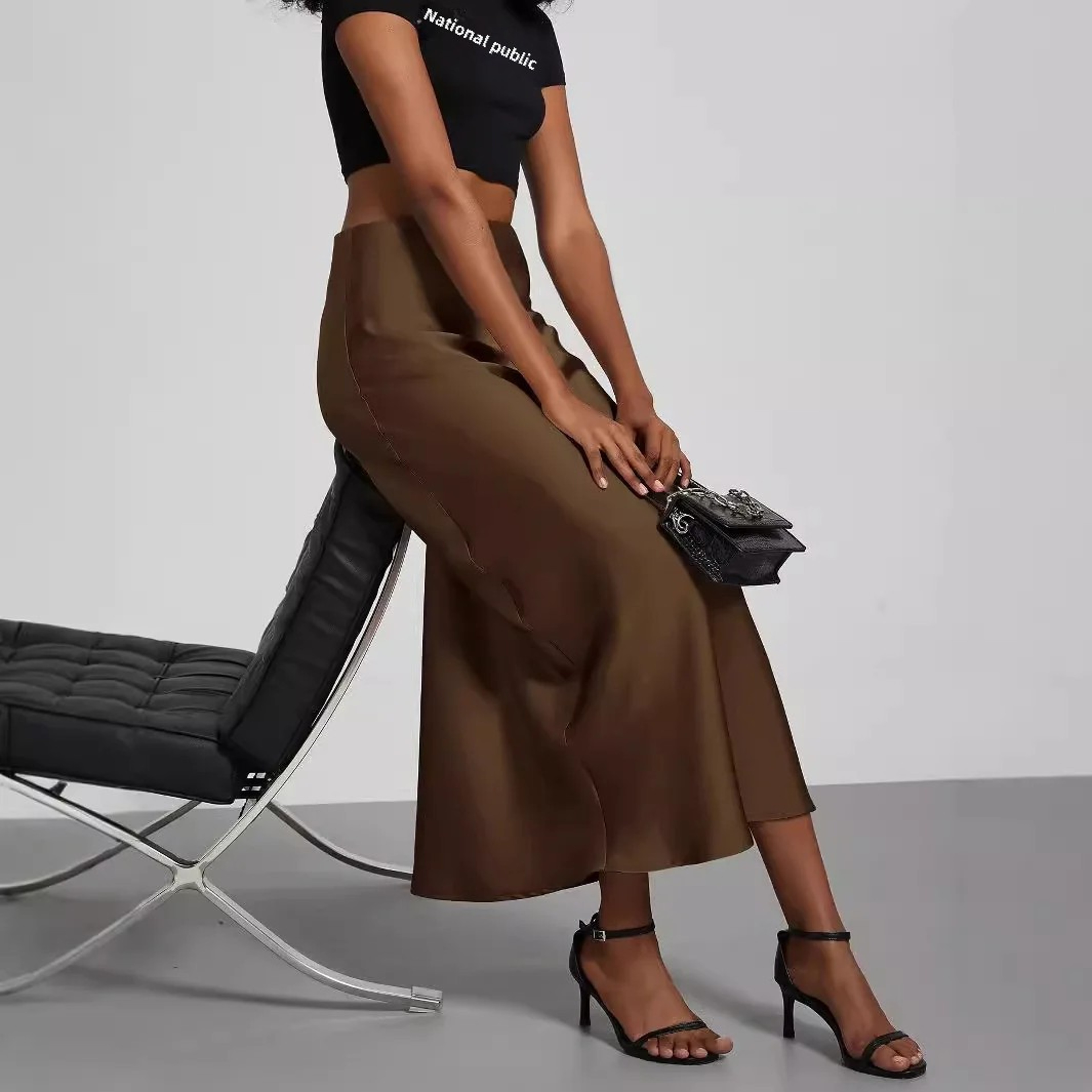 Elegant Womens Midi Skirt, Satin Texture, Versatile Solid Color, Style Fashion – view 3