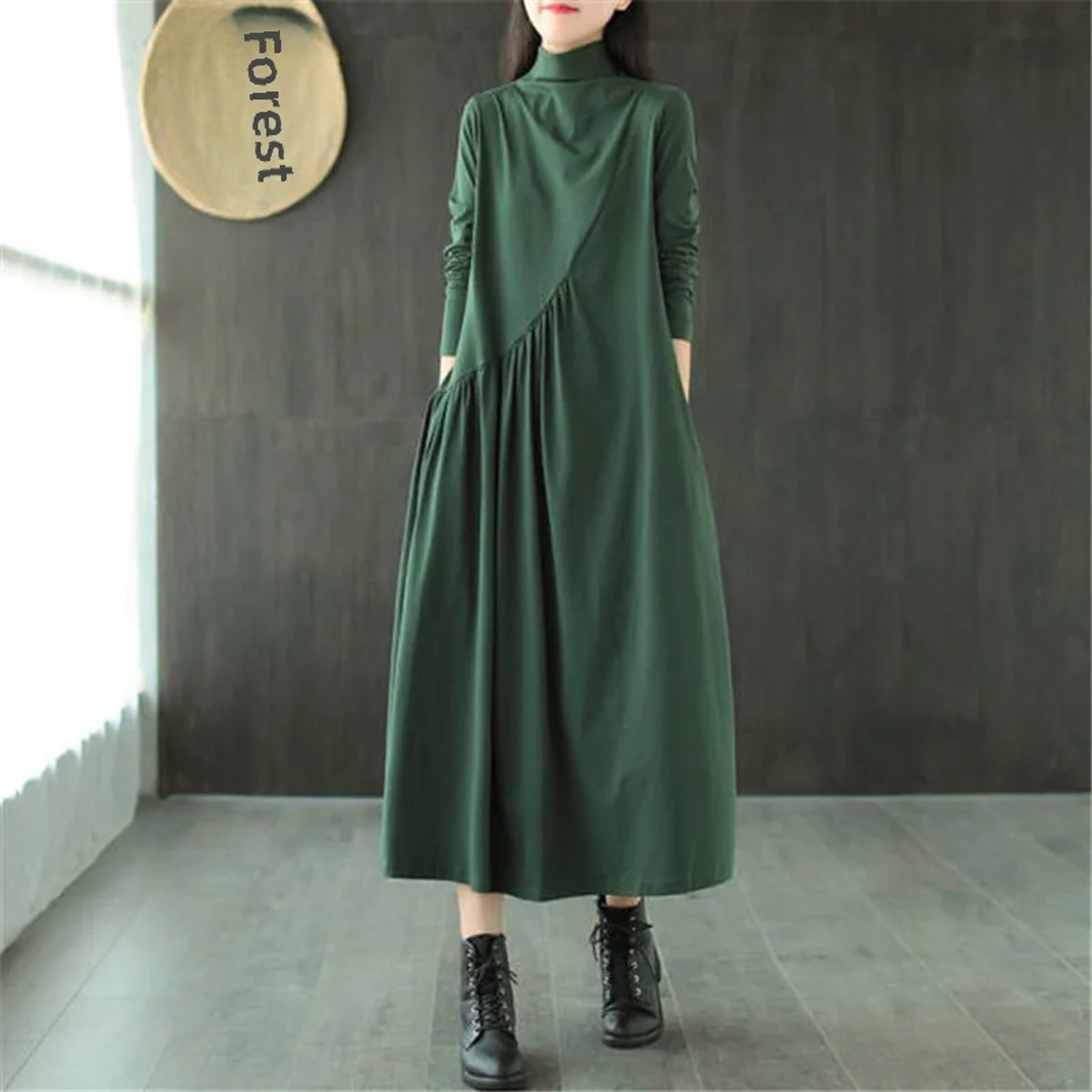 Vintage Artistic Dress for Women, Loose Fit Polo Neck, Medium Length Slimming Skirt, Stylish Age Reducing Spring Fashion – view 1