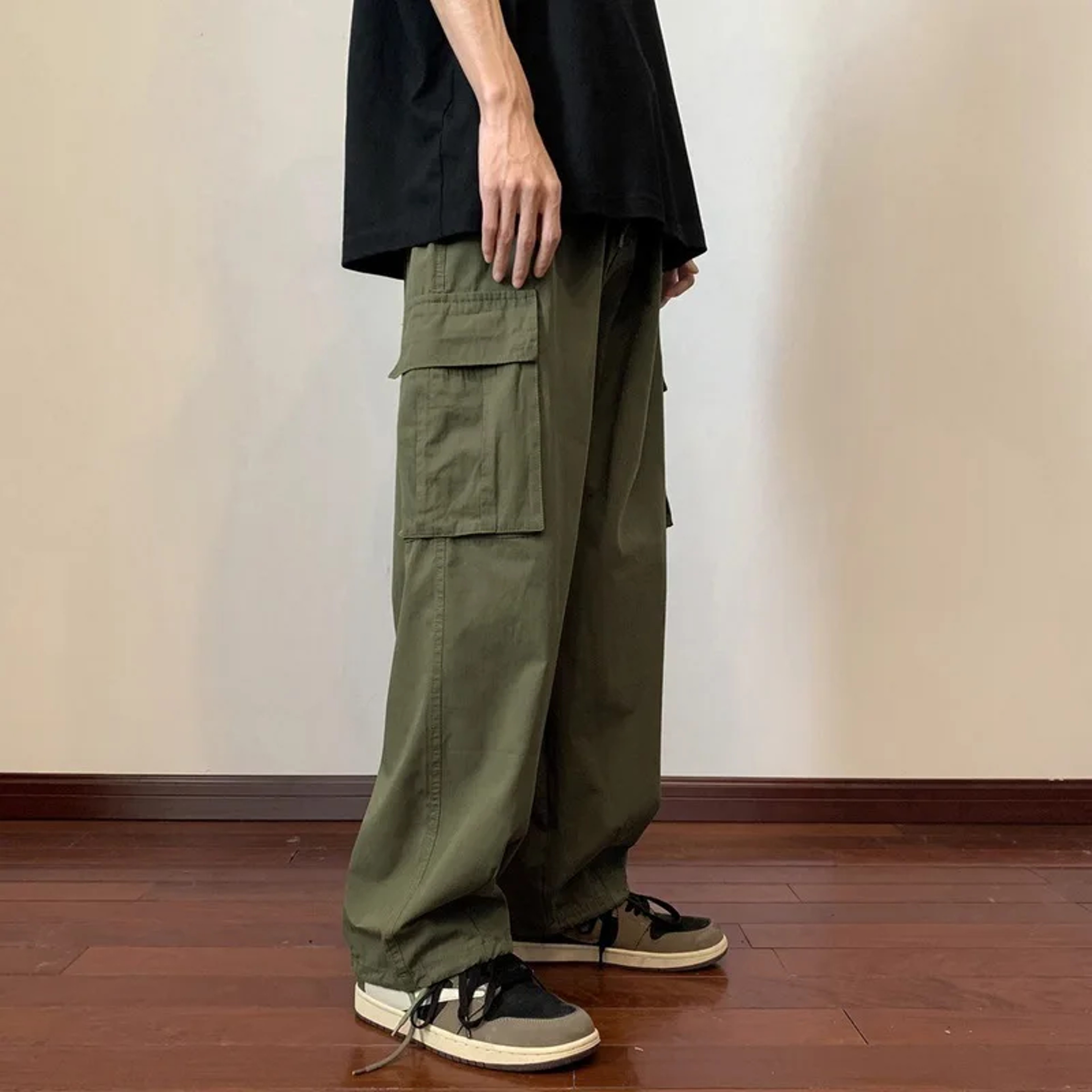 Cargo Pants, Military Green, Vintage Oversize Men's Pants, Heavy Straight Leg Casual Pants – view 6