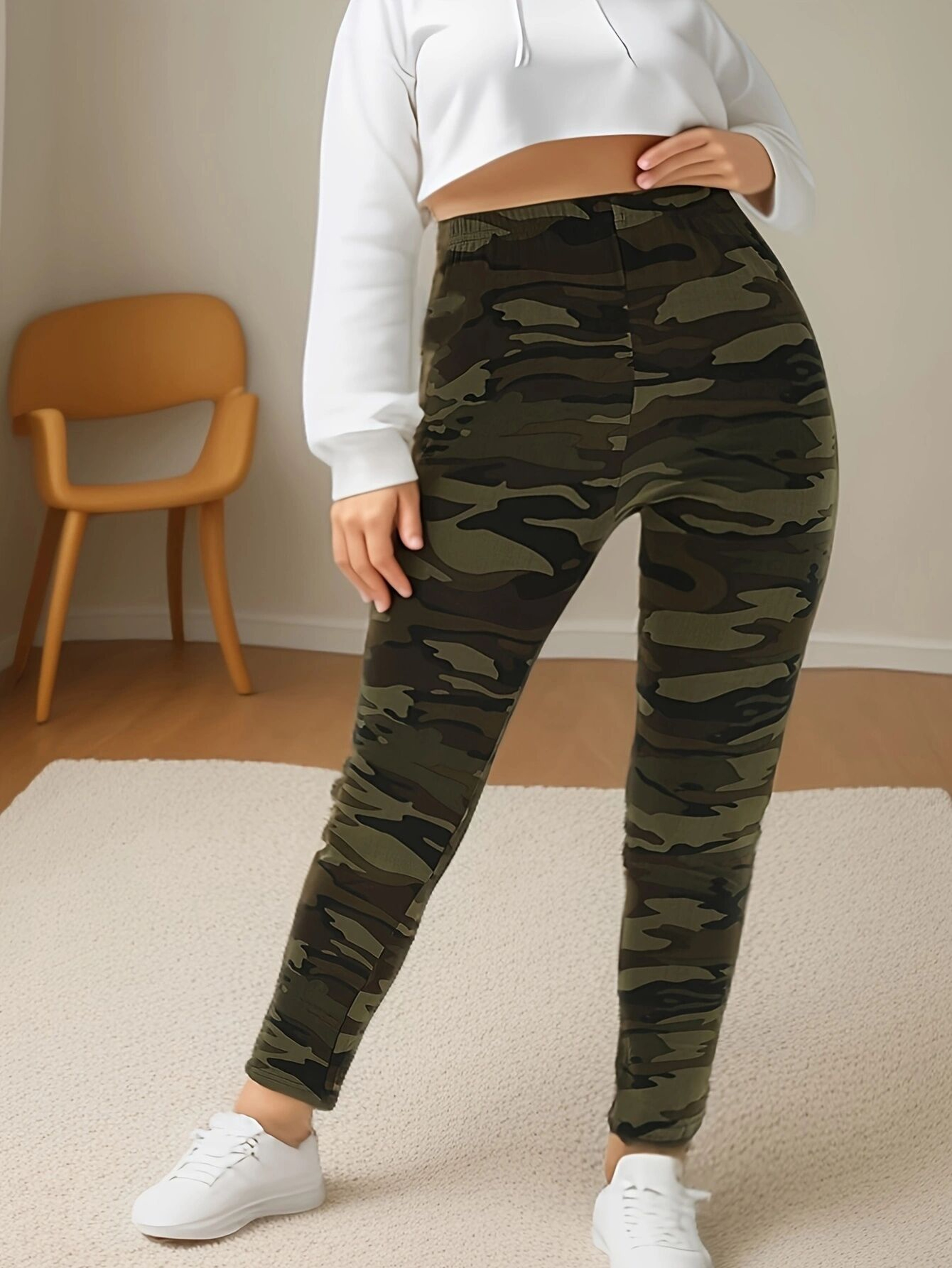 Super Elastic Leggings for Women, Plus Size, Military Green Camouflage, Soft Sports Outerwear, Cropped Tight Pants – view 4