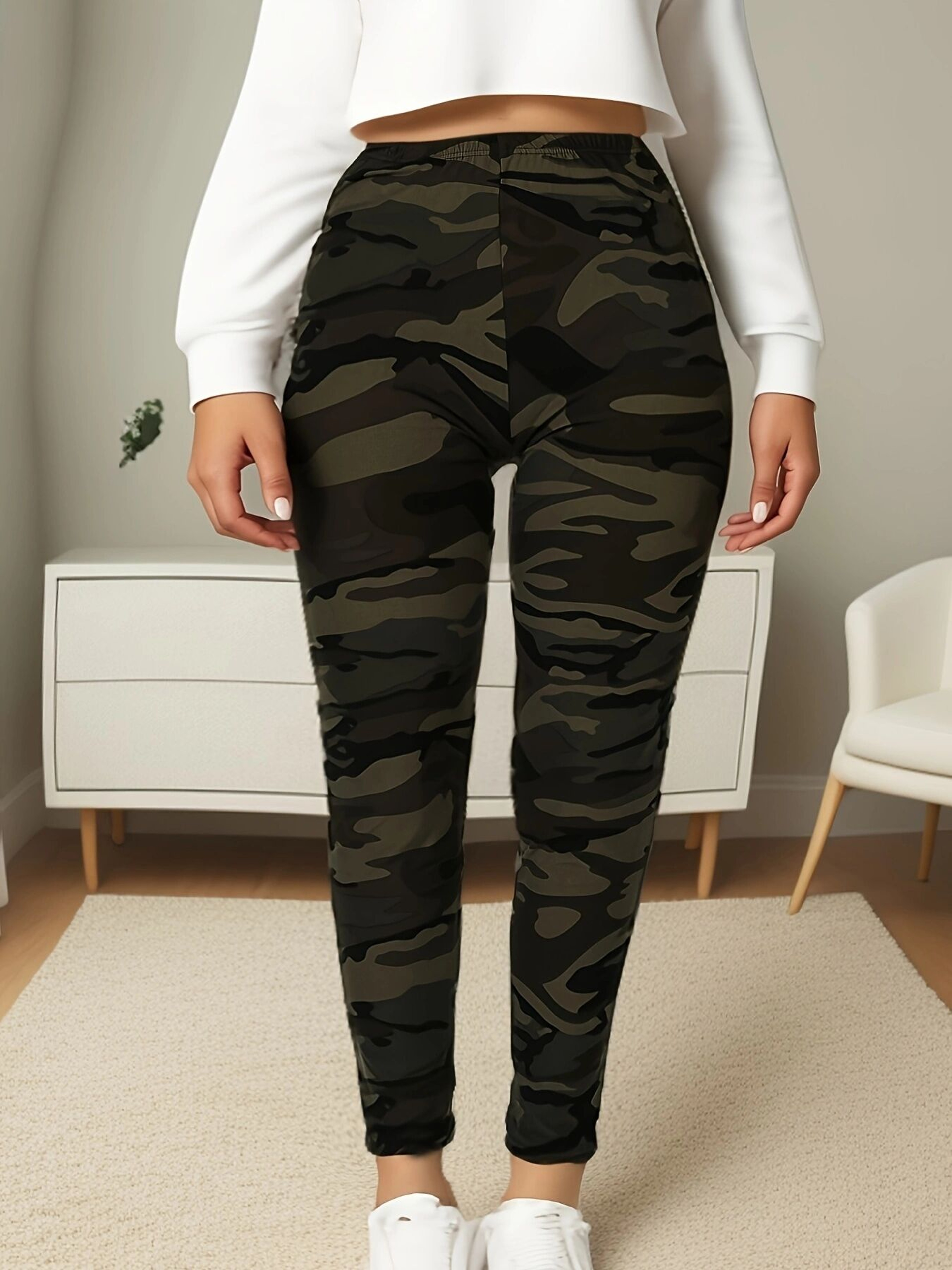 Super Elastic Leggings for Women, Plus Size, Military Green Camouflage, Soft Sports Outerwear, Cropped Tight Pants – view 6