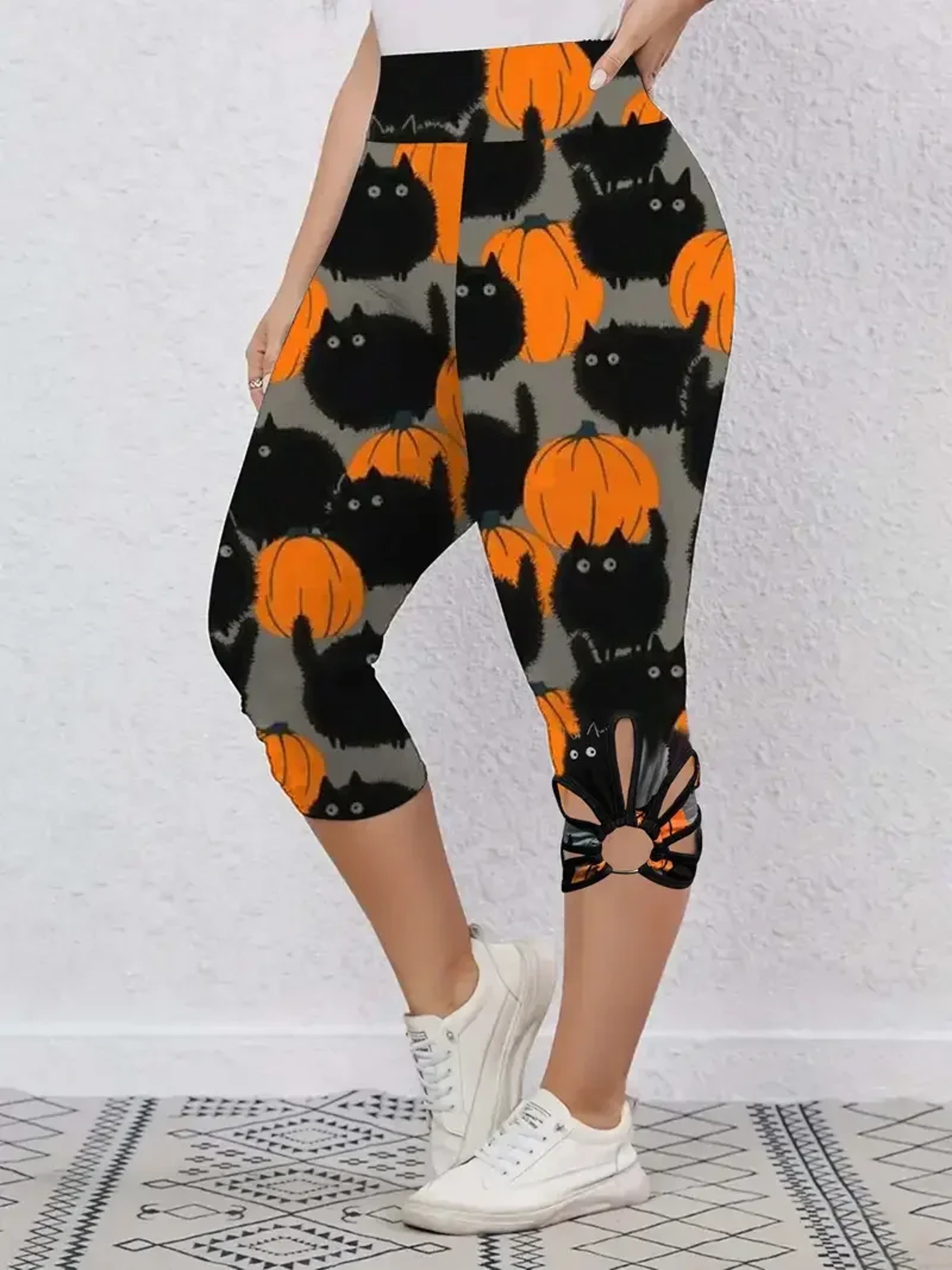 New Womens Fashion Capri Leggings High Rise Allover Cat And Pumpkin Print Cut Out Design 0