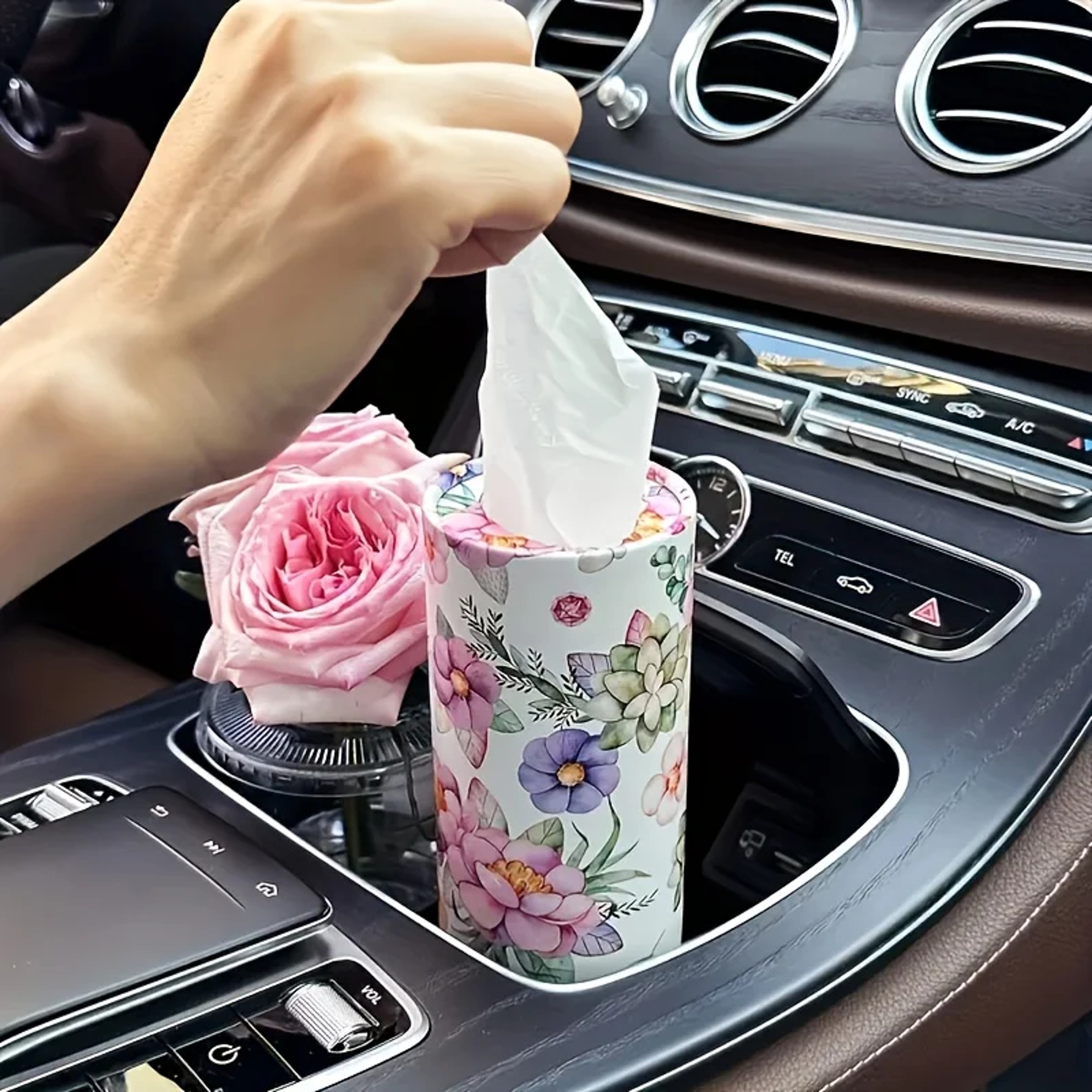 Creative Hand Drawn Paper Flower Car Tissue Holder, 2pcs Car Tissue Barrel Set, Printed Car Accessory – view 5