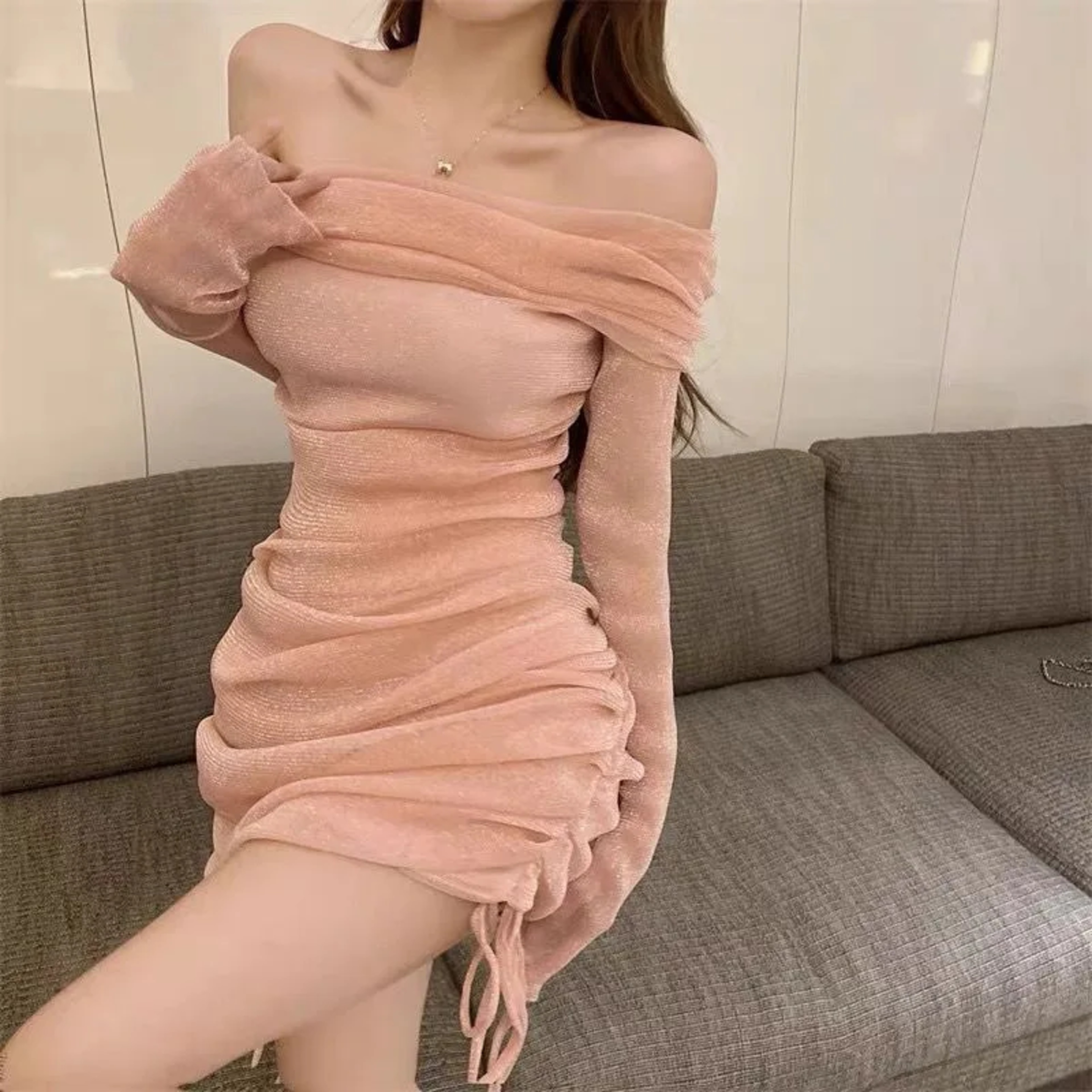 Sensual Off Shoulder Strapless Dress, Womens Early Autumn Mesh Slimming Gown, Hip Covering Bodycon Dress – view 4