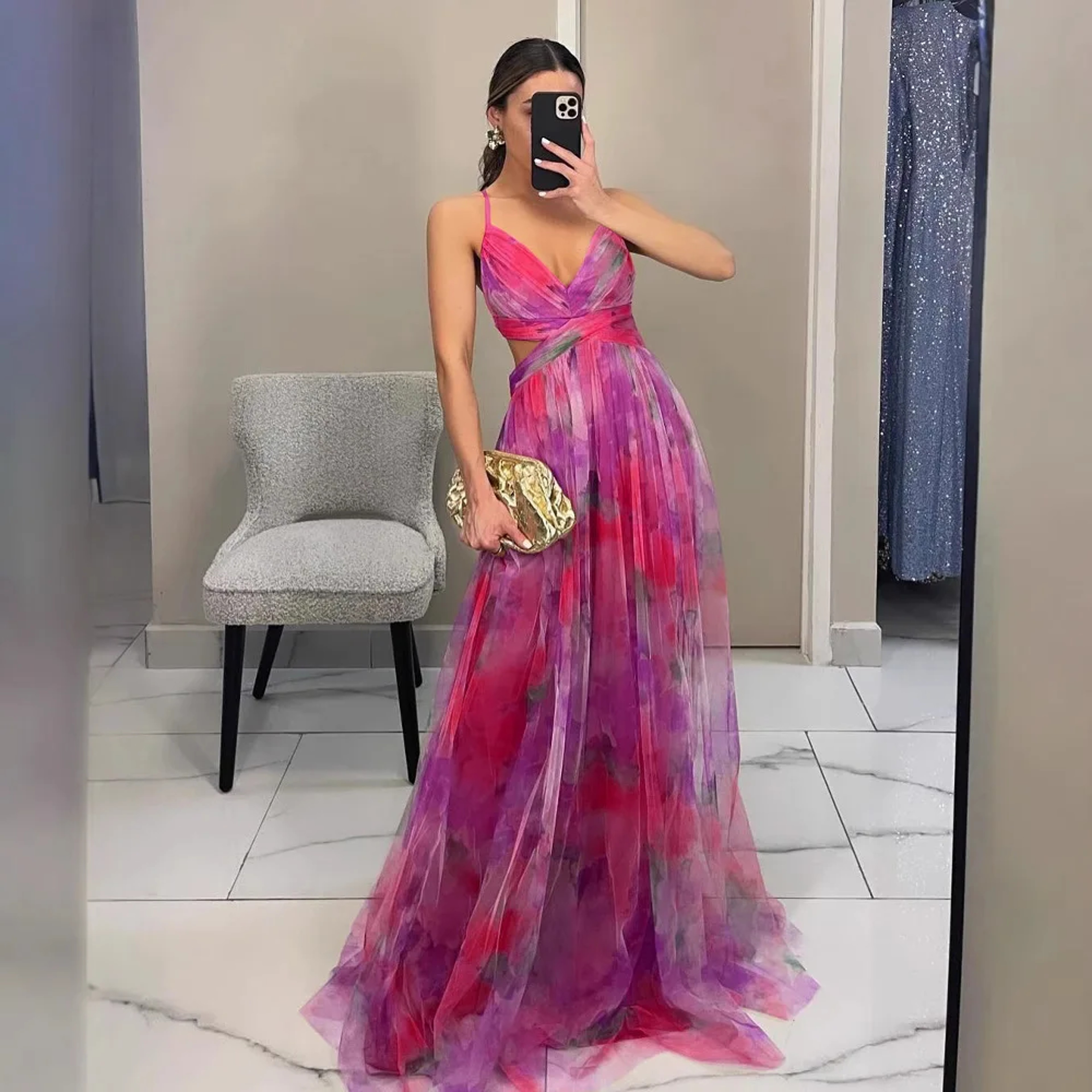Summer Spring Off-Shoulder Lace Print Halter Dress Casual Party Holiday Dress V-Neck Floor-Length Polyester Fiber Dress – view 3