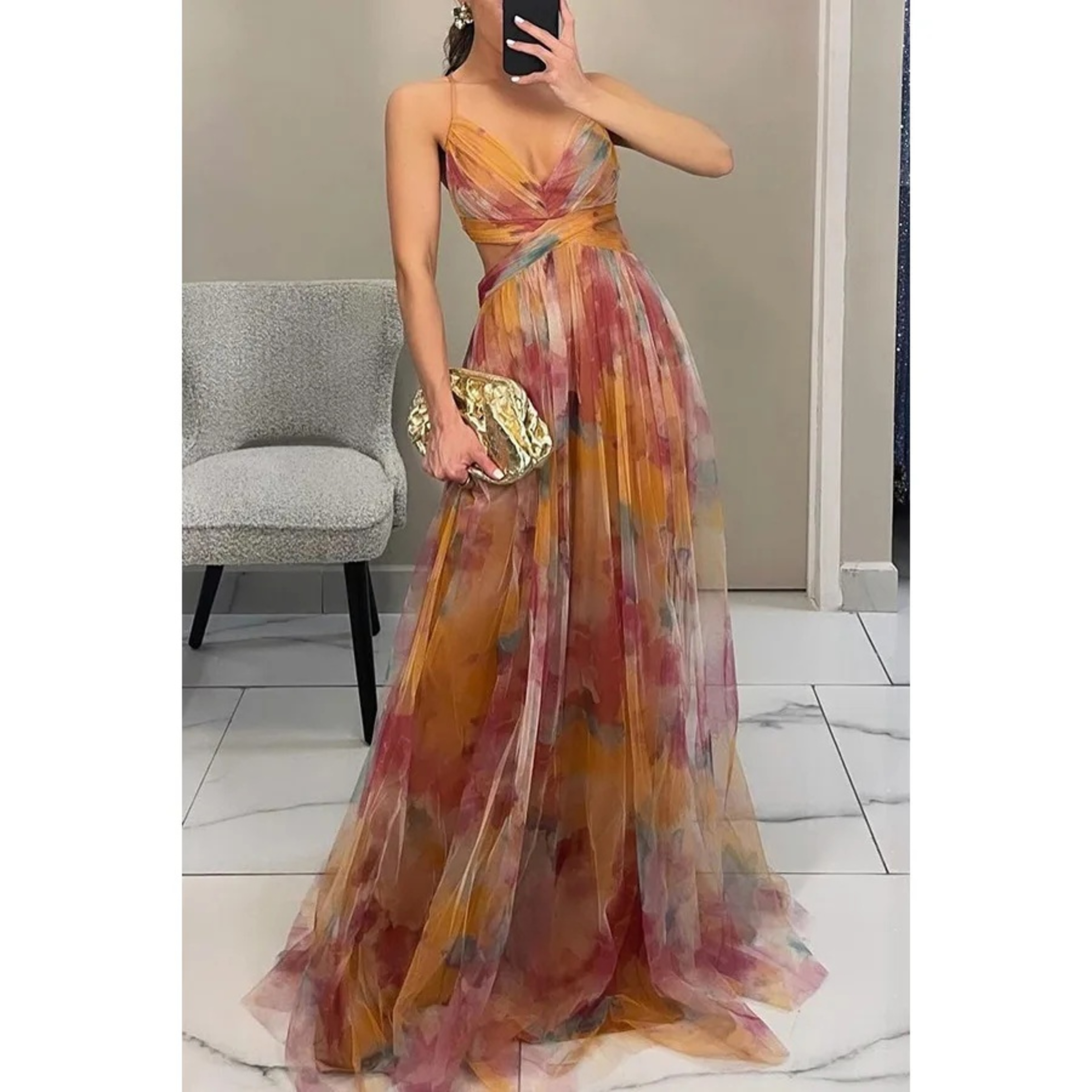 Summer Spring Off-Shoulder Lace Print Halter Dress Casual Party Holiday Dress V-Neck Floor-Length Polyester Fiber Dress – view 11