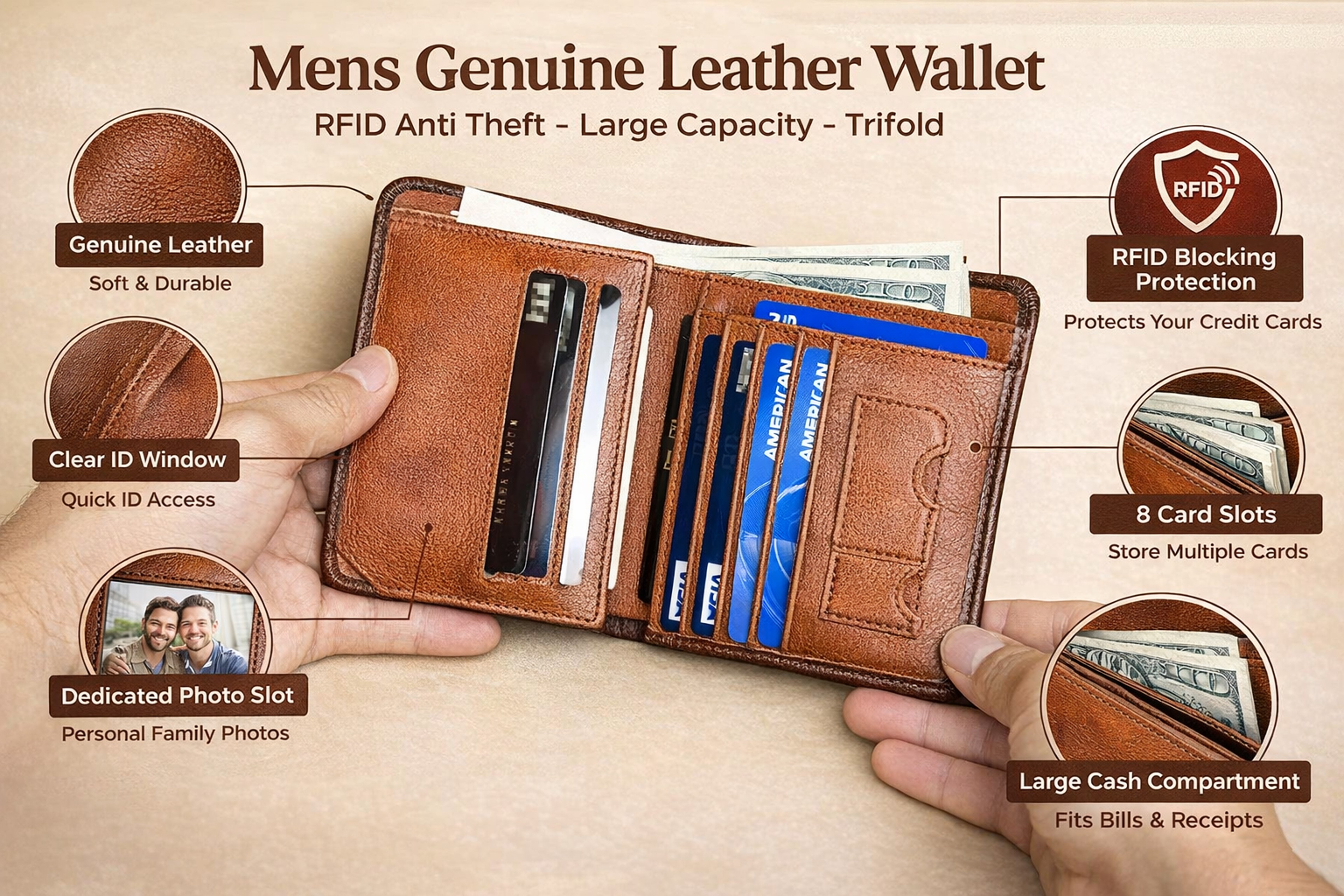 Mens Genuine Leather Wallet, RFID Anti Theft, Large Capacity Trifold, Fashion Card Holder with Photo Position – view 8