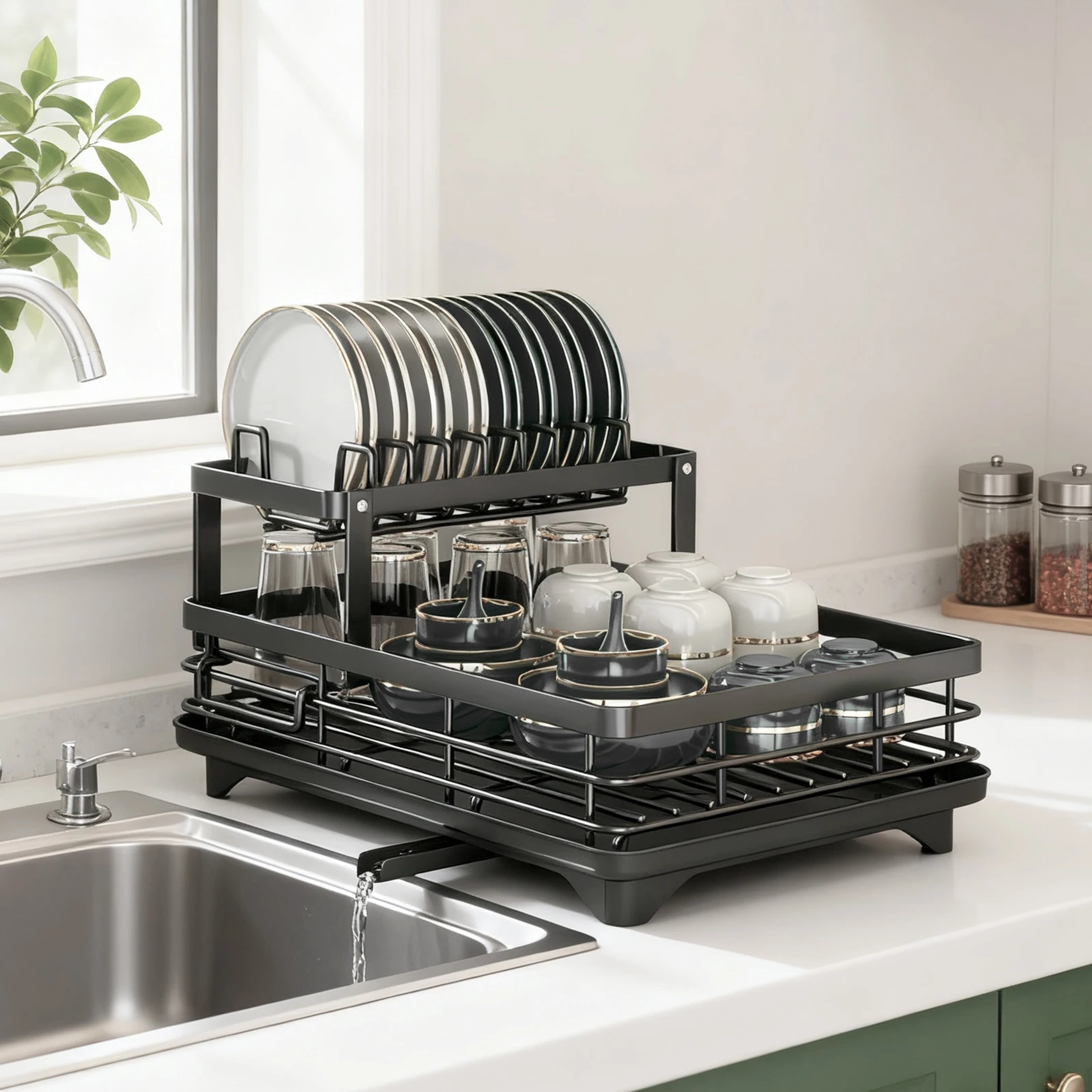 Premium Tier Kitchen Dish Rack with Drainboard Space Saving Countertop Dish Drying Rack & Cutlery Holder – view 5