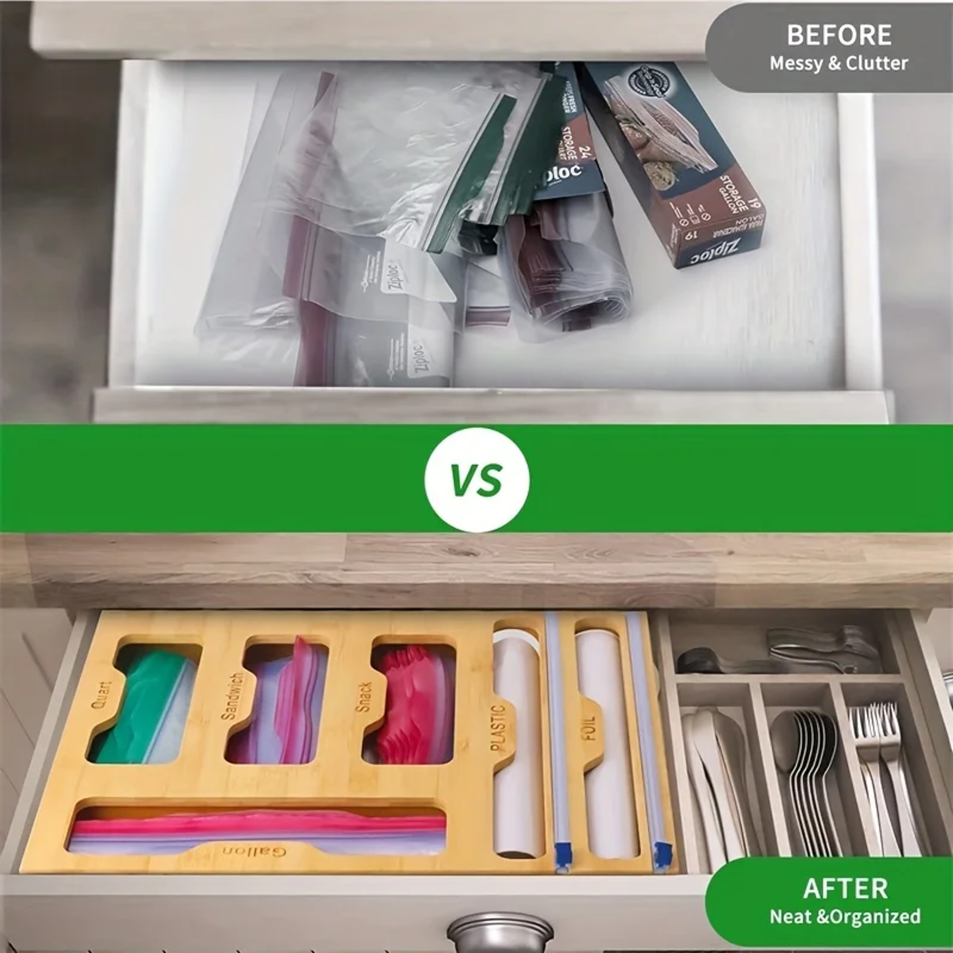 Bamboo Kitchen Wrap & Bag Organizer with Cutter Multi Slot Drawer & Wall Storage – view 5