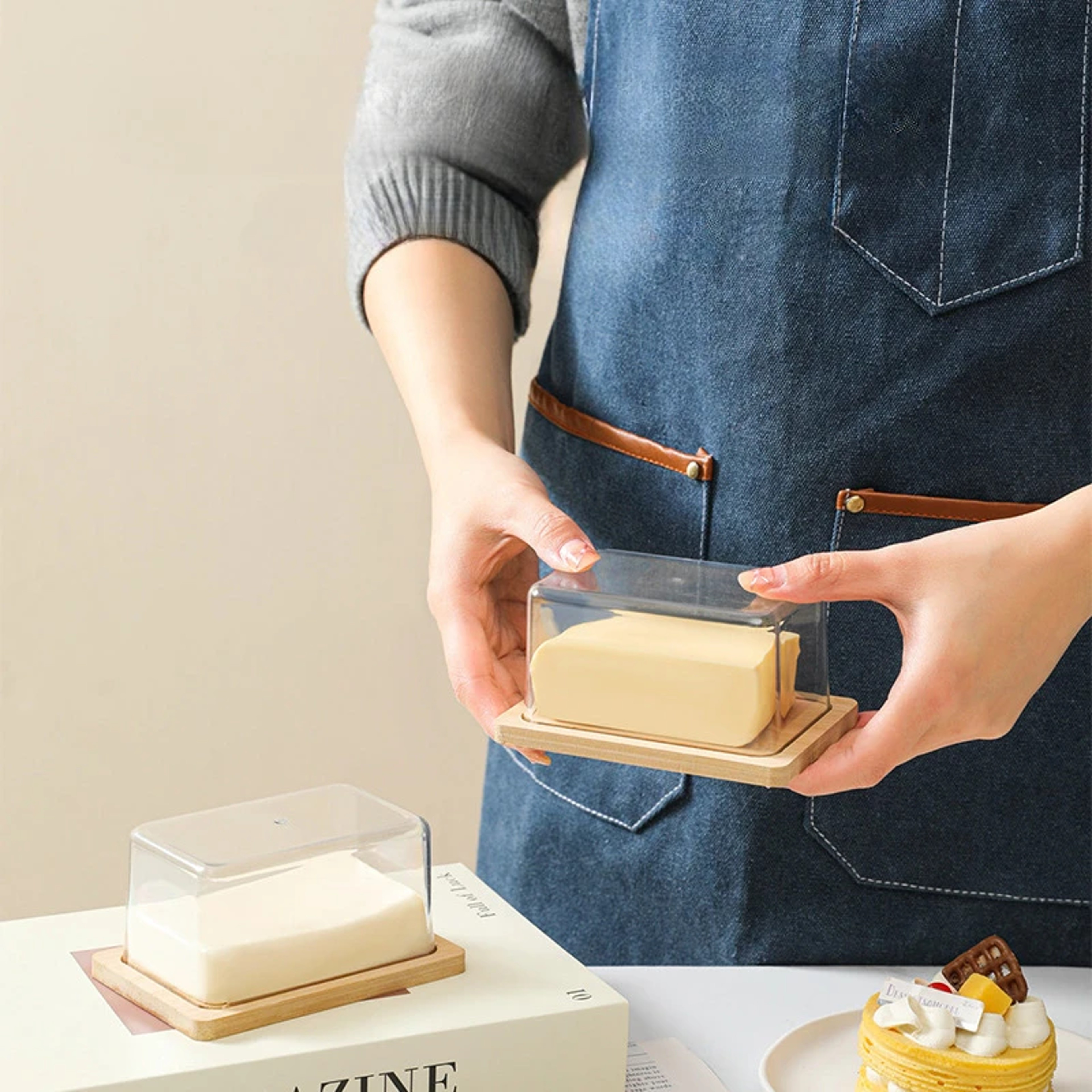 Nordic Bamboo Butter Dish With Acrylic Lid Fresh Butter Storage Container 3