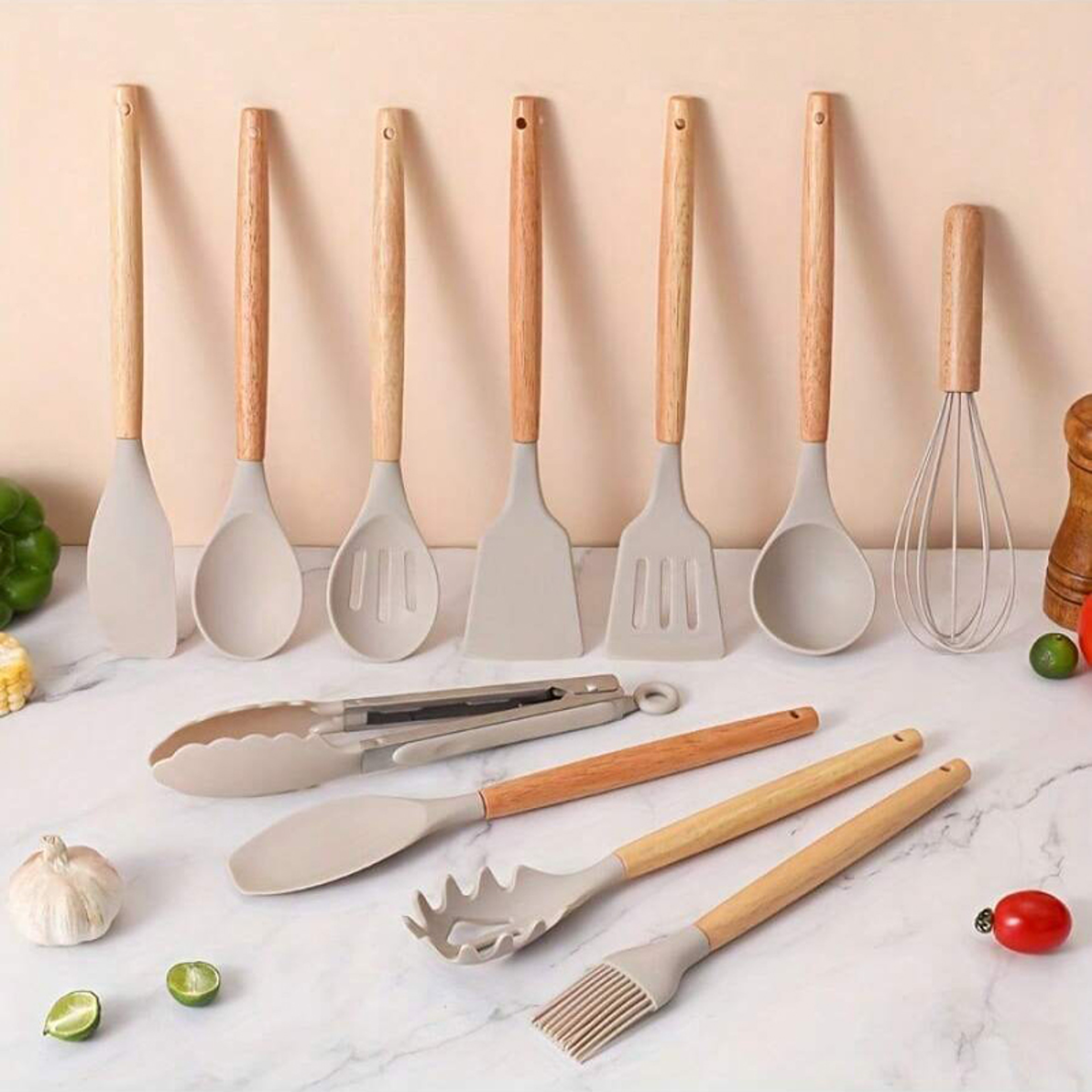 Premium Silicone Kitchen Utensil Set With Wooden Handles Heat Resistant Non Stick Cookware Tools 0
