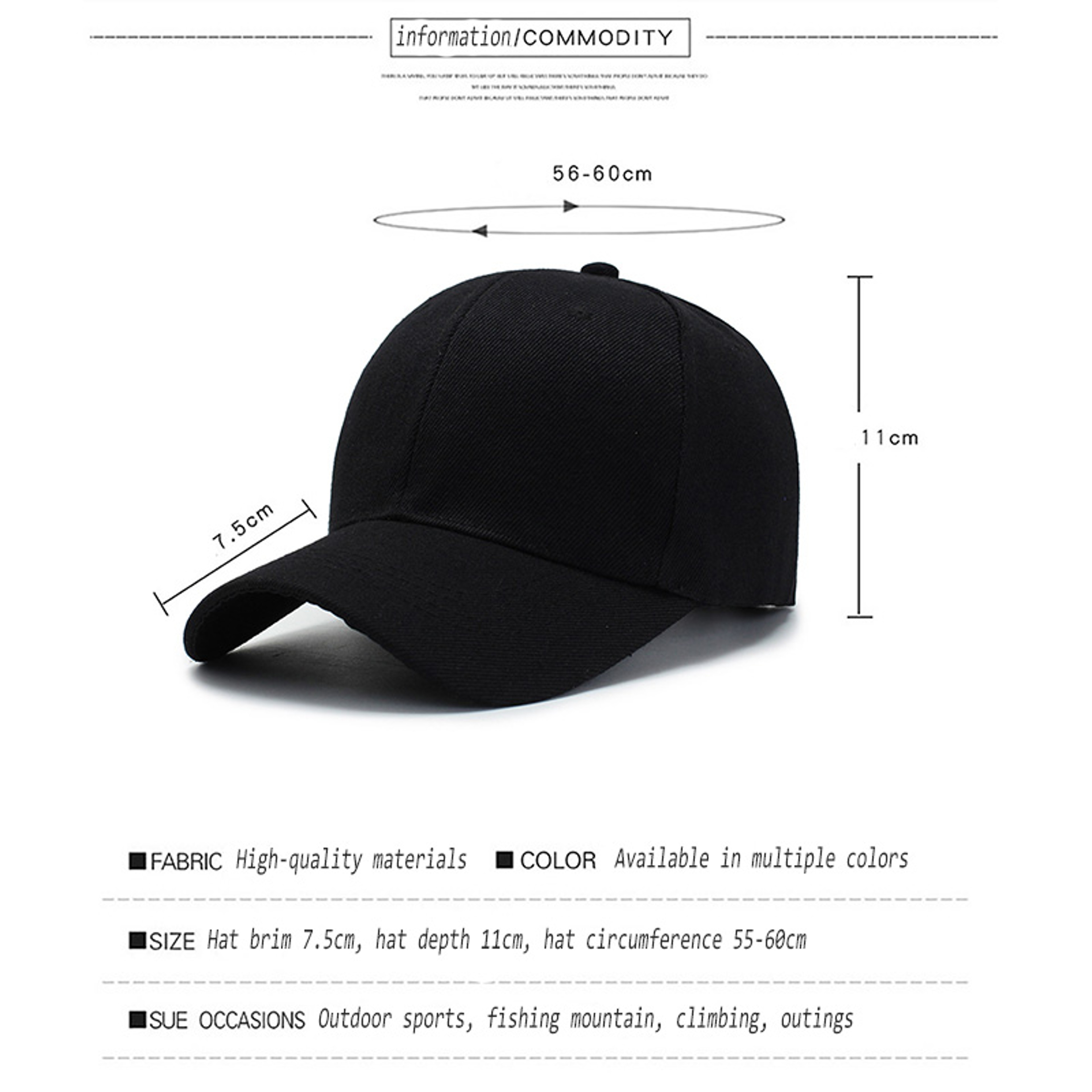 Black Baseball Cap Snapback Dad Hat Unisex Adjustable Casual Streetwear Cap 4