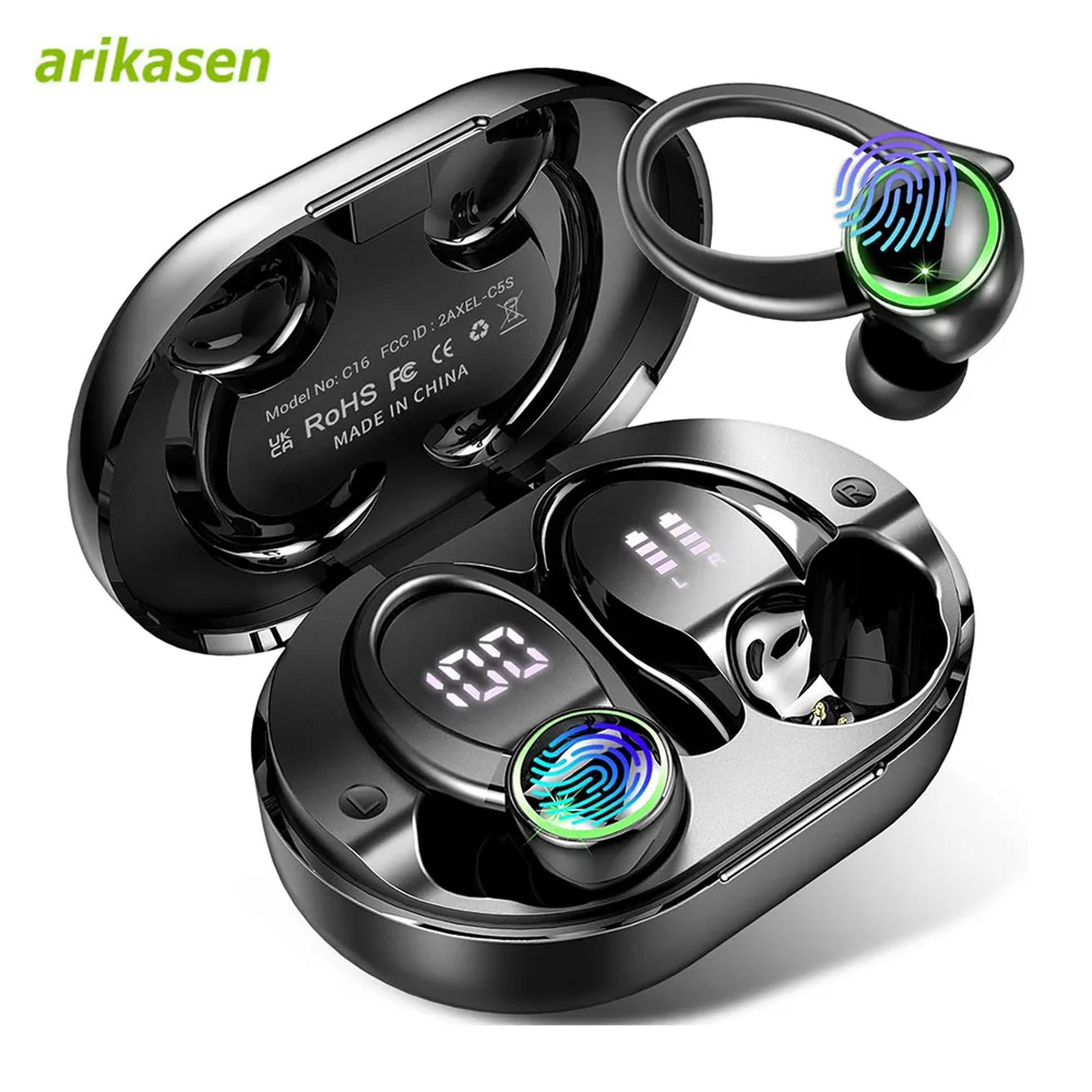 Bluetooth Noise Cancelling Over Ear Earbuds with ENC Mic Earhooks Battery LED Display – view 7