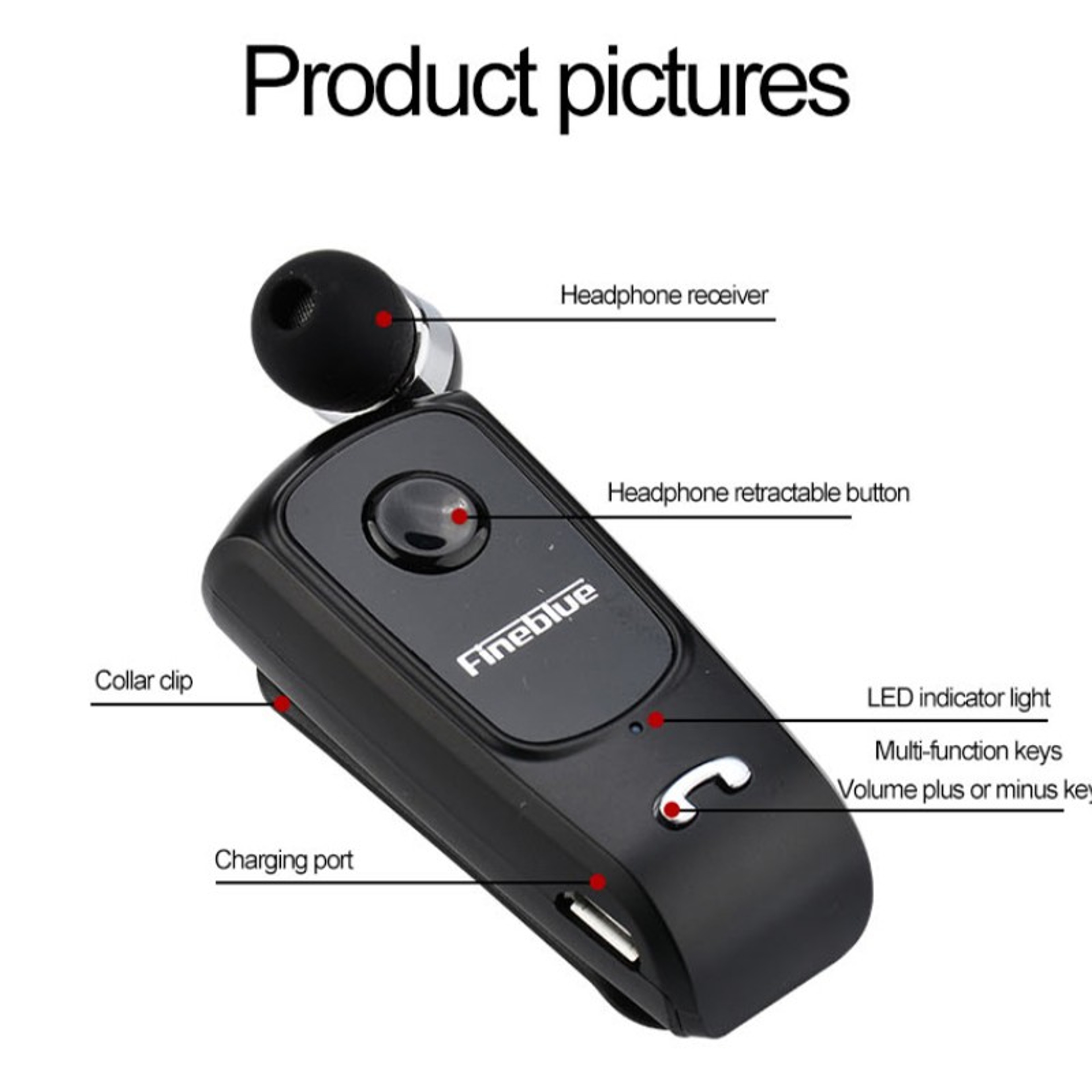 Fineblue Wireless Bluetooth Earhook Headset Retractable Handsfree Earphones 3