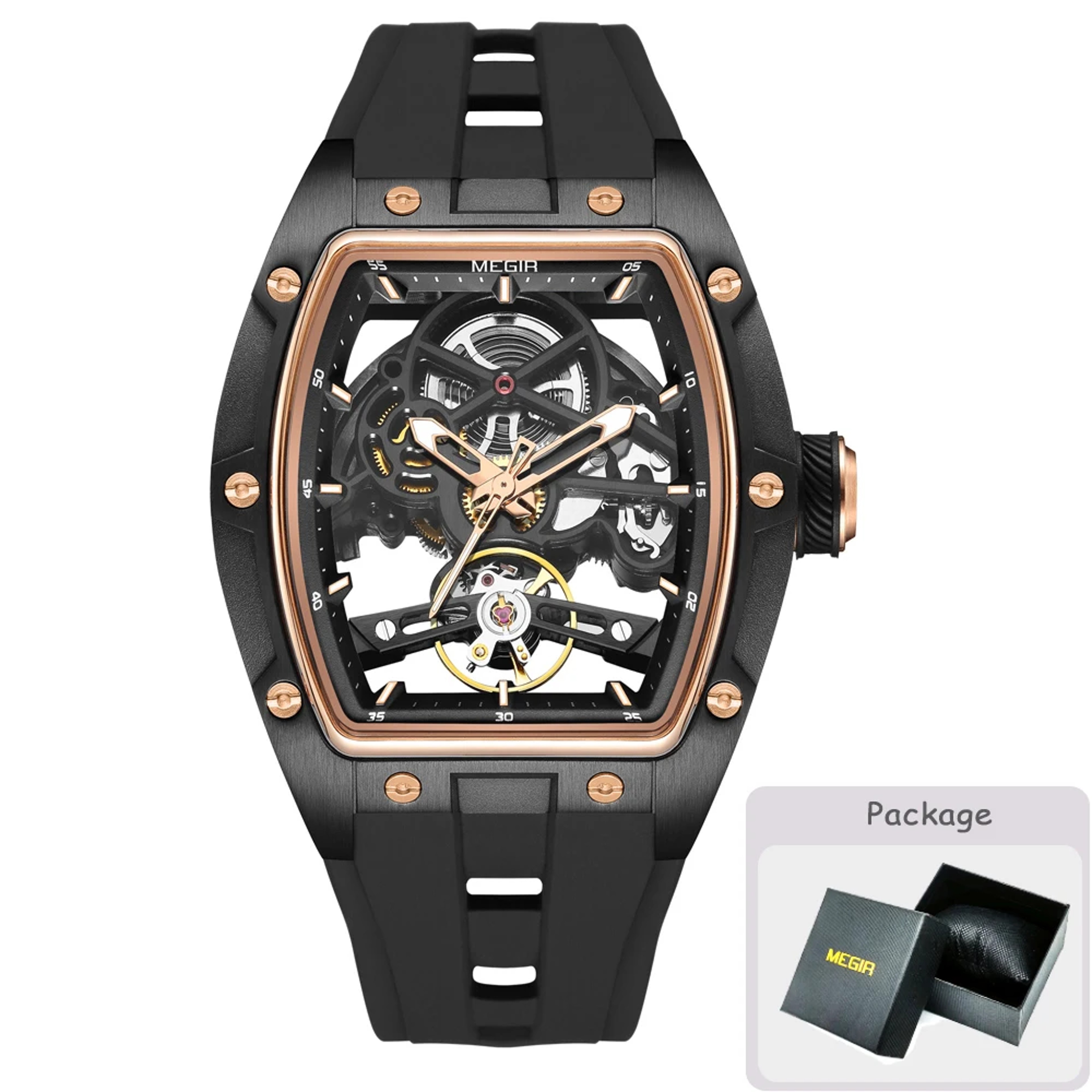 MEGIR Barrel Dial Automatic Mechanical Watch For Men With Silicone Strap  Luminous Hands 10