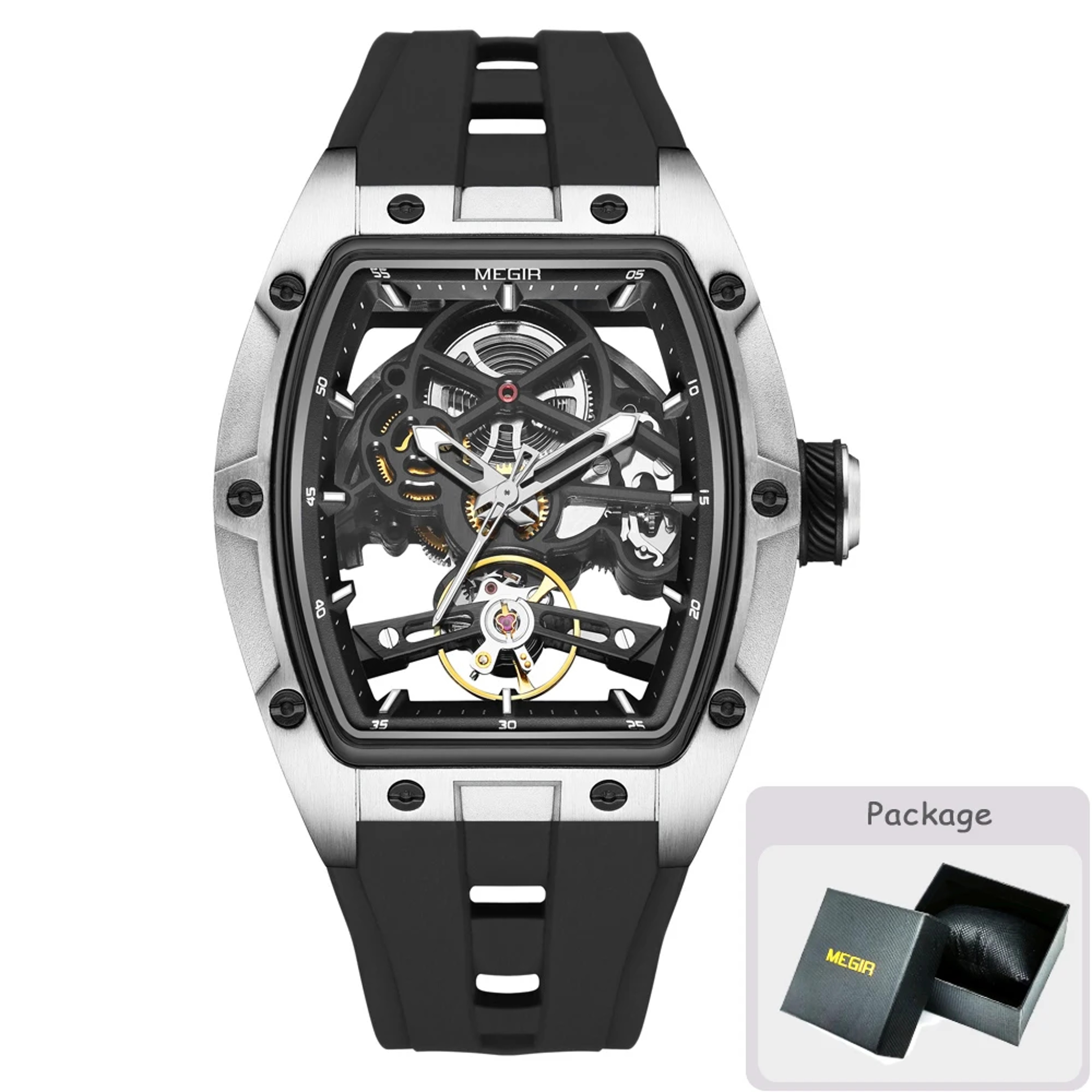 MEGIR Barrel Dial Automatic Mechanical Watch For Men With Silicone Strap  Luminous Hands 6