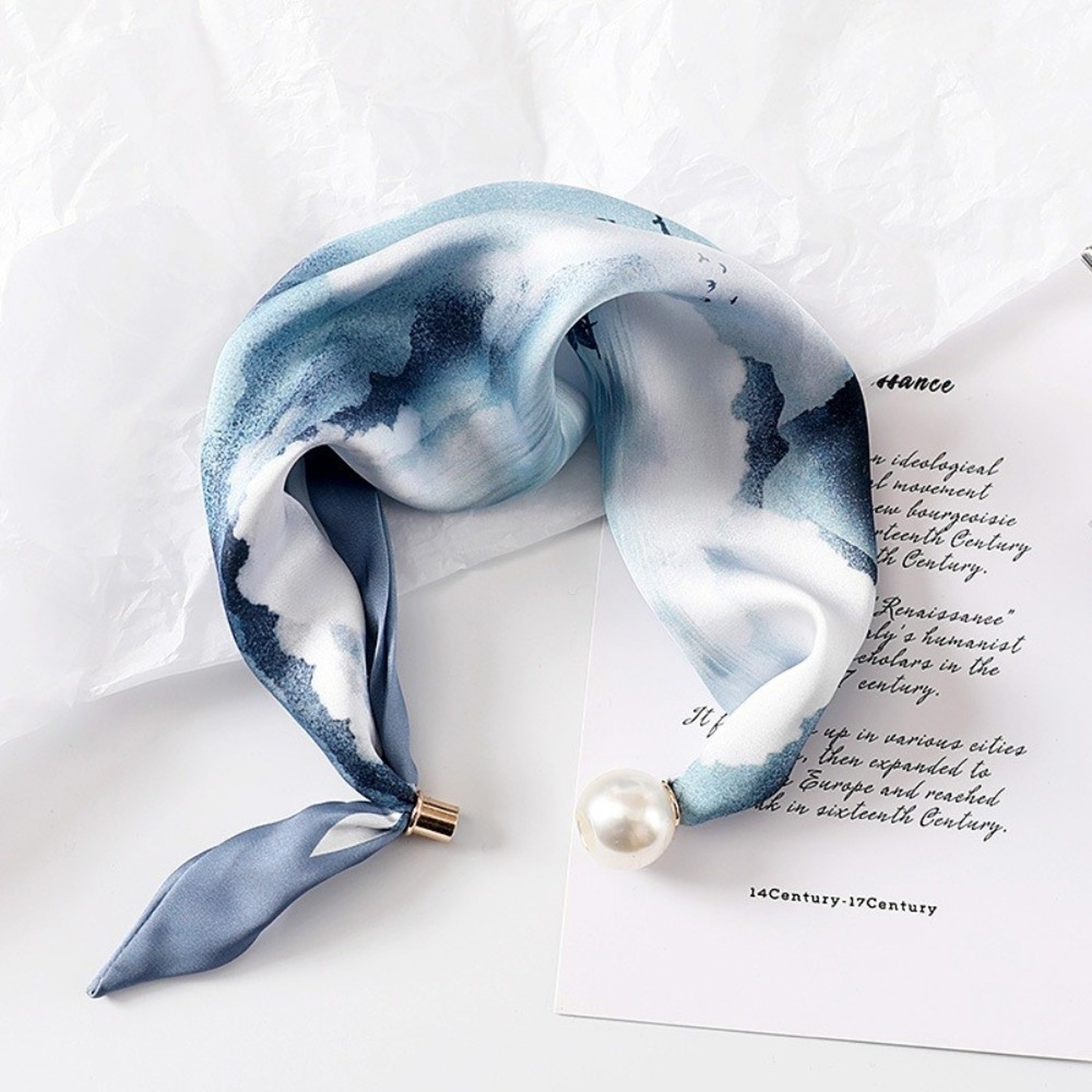 Elegant Silk Neck Scarf With Pearl Buckle For Women Lightweight Printed Neckerchief 13